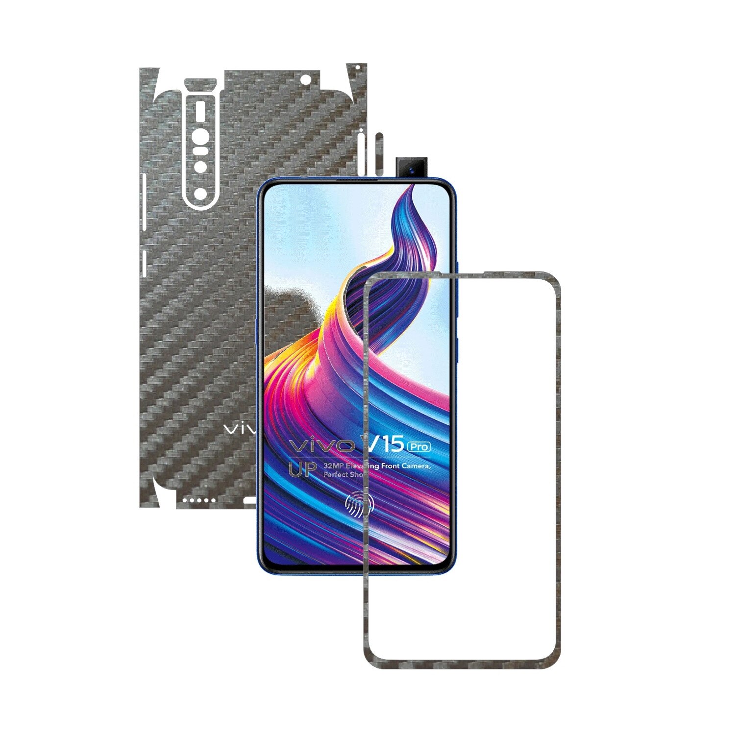 Folie Protectie Carbon Skinz pentru Vivo V15 Pro - Carbon Gri Argintiu 360 Cut, Skin Adeziv Full Body Cover pentru Rama Ecran, Carcasa Spate si Laterale