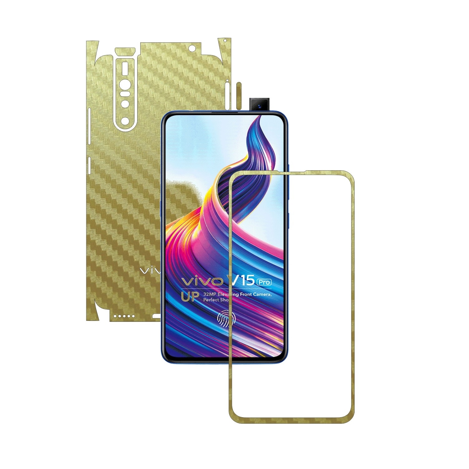 Folie Protectie Carbon Skinz pentru Vivo V15 Pro - Carbon Auriu 360 Cut, Skin Adeziv Full Body Cover pentru Rama Ecran, Carcasa Spate si Laterale