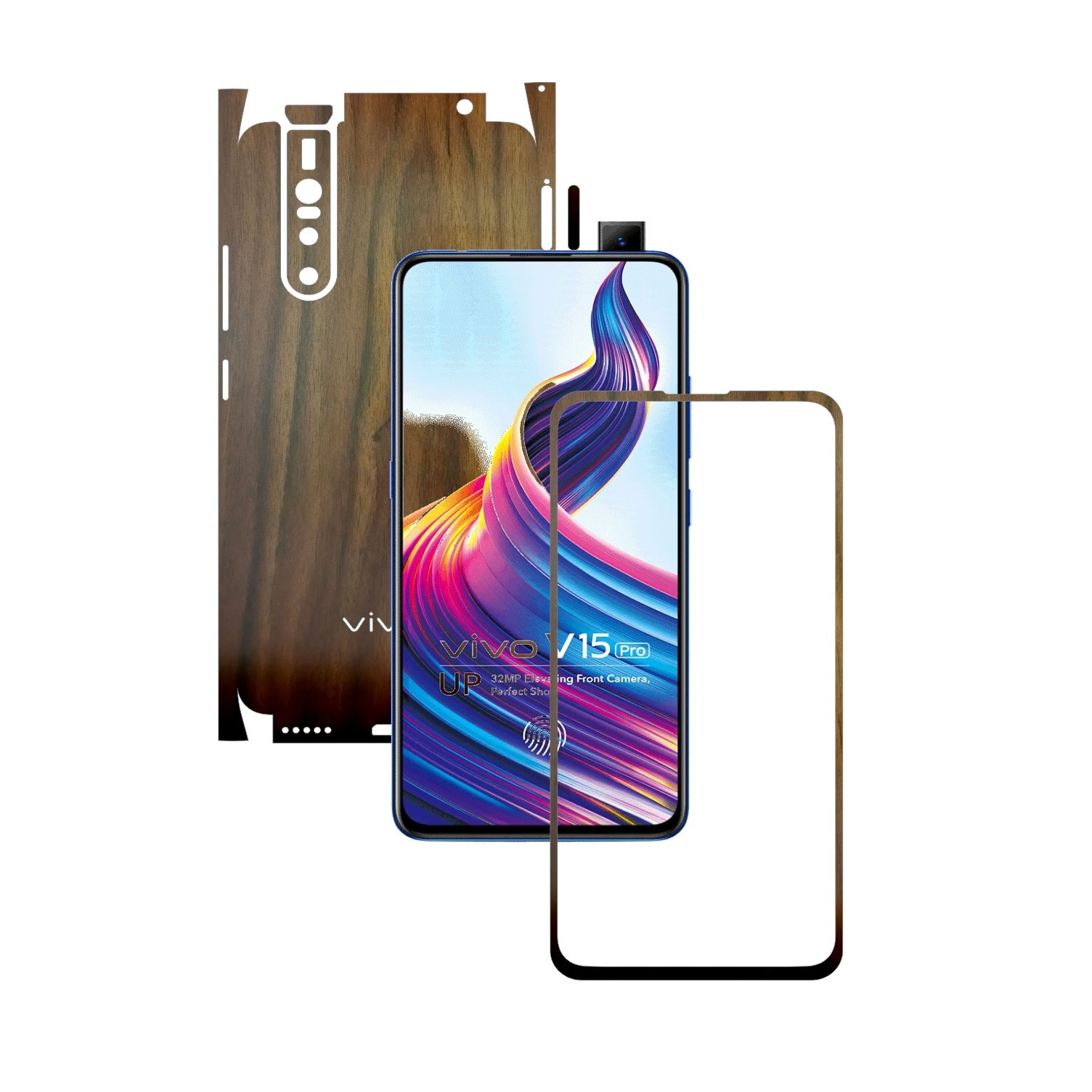 Folie Protectie Carbon Skinz pentru Vivo V15 Pro - Lemn Nuc 360 Cut, Skin Adeziv Full Body Cover pentru Rama Ecran, Carcasa Spate si Laterale