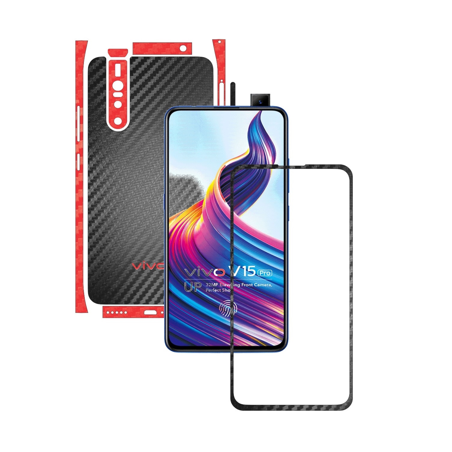 Folie Protectie Carbon Skinz pentru Vivo V15 Pro - Carbon Two Tone Negru / Rosu, Skin Adeziv Full Body Cover pentru Rama Ecran, Carcasa Spate si Laterale