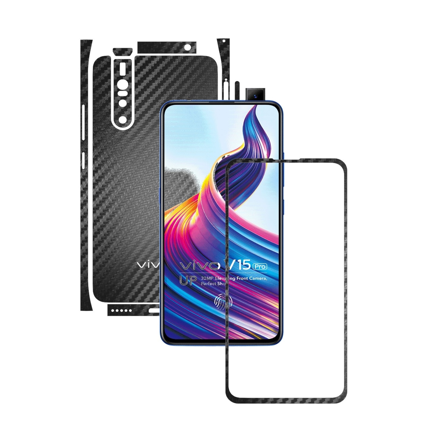 Folie Protectie Carbon Skinz pentru Vivo V15 Pro - Carbon Negru Split Cut, Skin Adeziv Full Body Cover pentru Rama Ecran, Carcasa Spate si Laterale