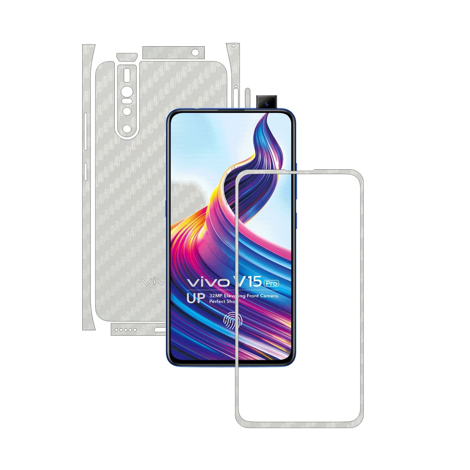 Folie Protectie Carbon Skinz pentru Vivo V15 Pro - Carbon Alb Split Cut, Skin Adeziv Full Body Cover pentru Rama Ecran, Carcasa Spate si Laterale