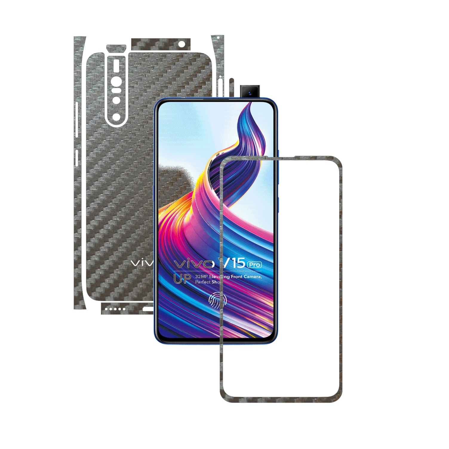 Folie Protectie Carbon Skinz pentru Vivo V15 Pro - Carbon Gri Argintiu Split Cut, Skin Adeziv Full Body Cover pentru Rama Ecran, Carcasa Spate si Laterale