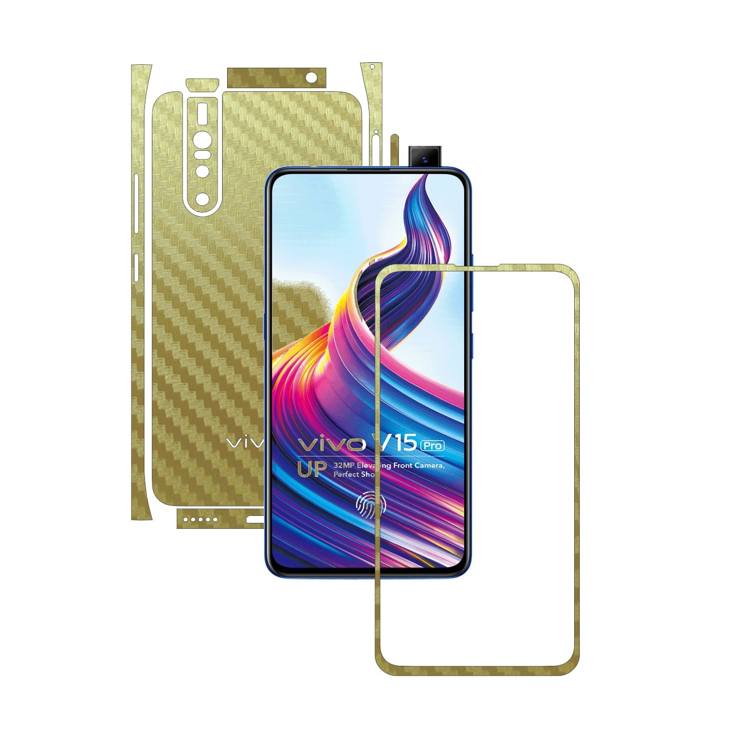 Folie Protectie Carbon Skinz pentru Vivo V15 Pro - Carbon Auriu Split Cut, Skin Adeziv Full Body Cover pentru Rama Ecran, Carcasa Spate si Laterale