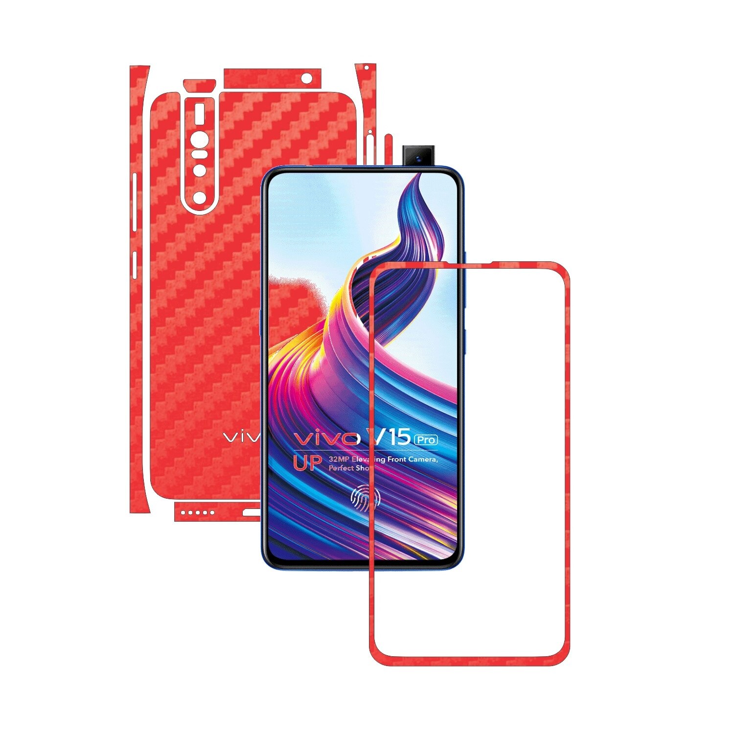 Folie Protectie Carbon Skinz pentru Vivo V15 Pro - Carbon Rosu Split Cut, Skin Adeziv Full Body Cover pentru Rama Ecran, Carcasa Spate si Laterale
