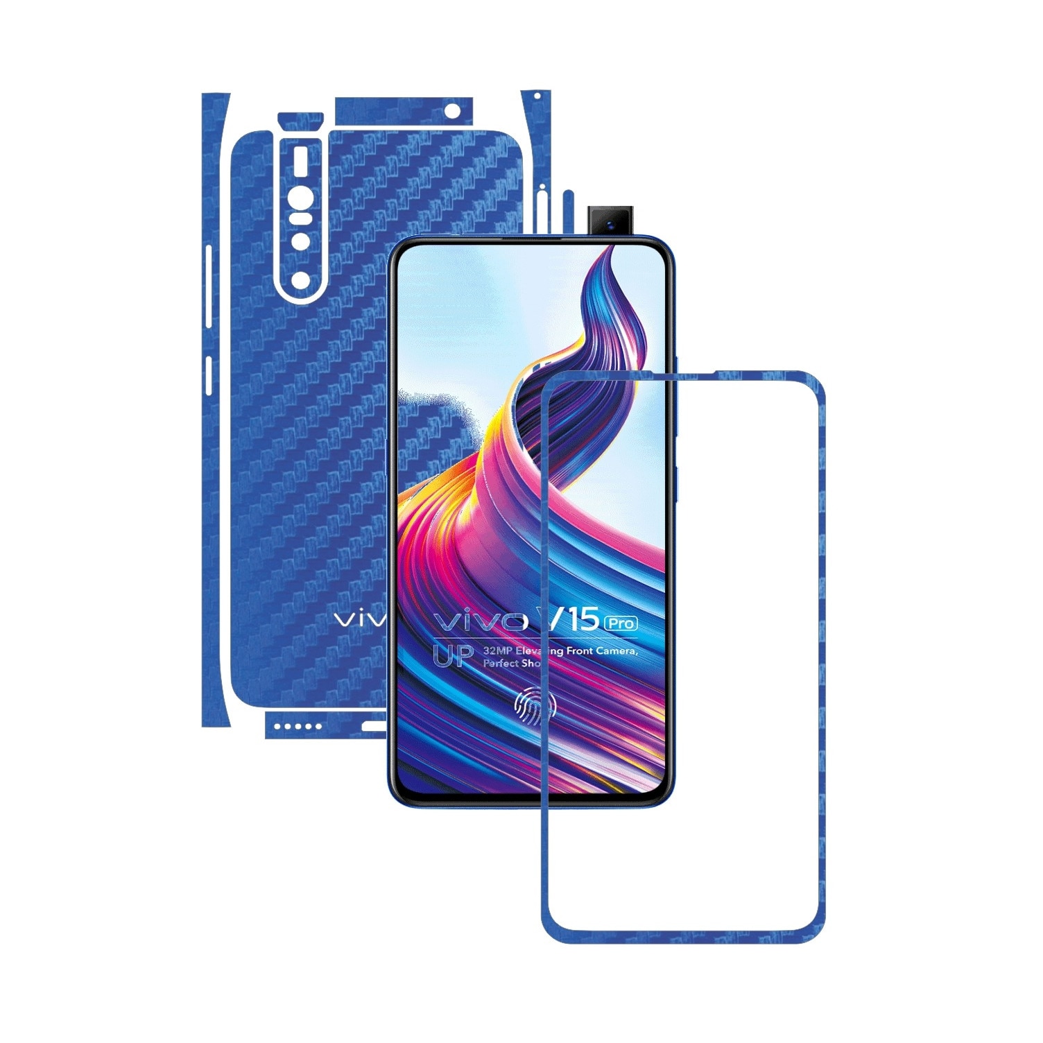 Folie Protectie Carbon Skinz pentru Vivo V15 Pro - Carbon Albastru Split Cut, Skin Adeziv Full Body Cover pentru Rama Ecran, Carcasa Spate si Laterale