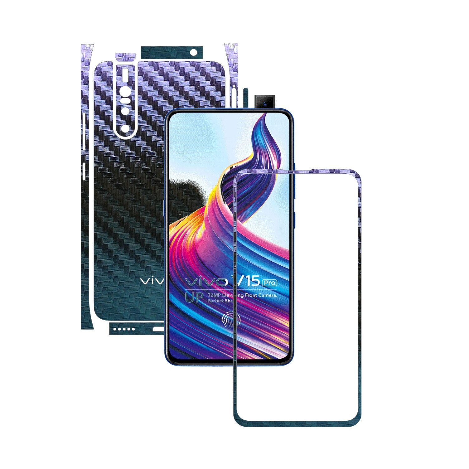 Folie Protectie Carbon Skinz pentru Vivo V15 Pro - Carbon Cameleon Split Cut, Skin Adeziv Full Body Cover pentru Rama Ecran, Carcasa Spate si Laterale