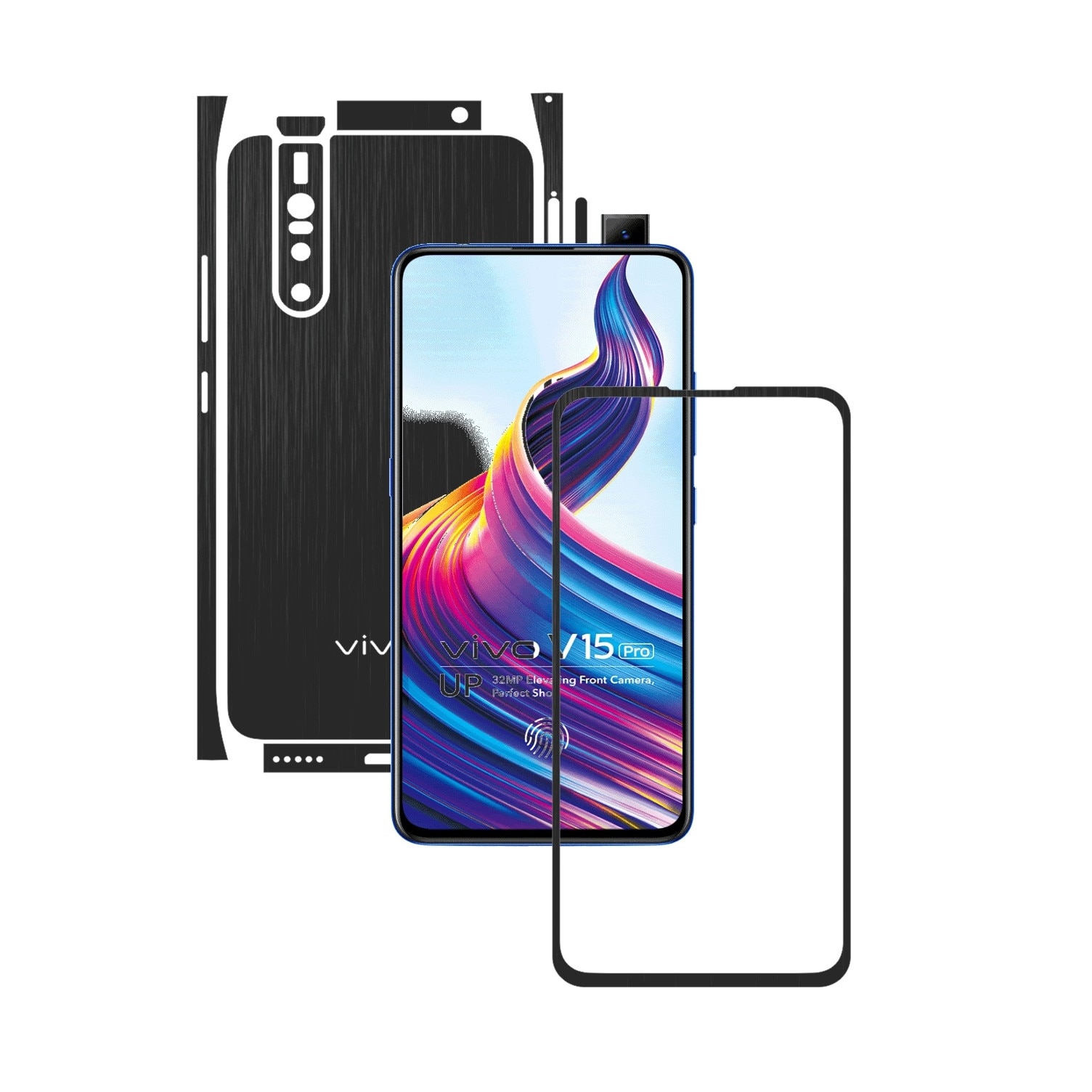 Folie Protectie Carbon Skinz pentru Vivo V15 Pro - Brushed Negru Split Cut, Skin Adeziv Full Body Cover pentru Rama Ecran, Carcasa Spate si Laterale