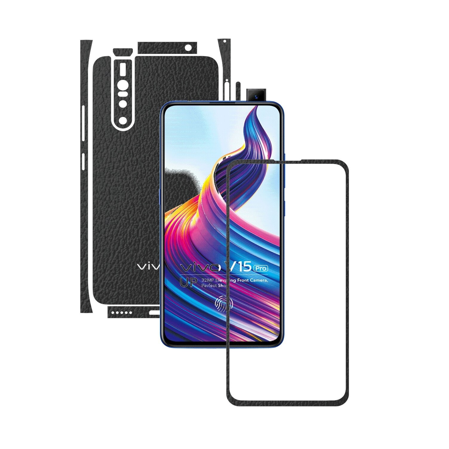 Folie Protectie Carbon Skinz pentru Vivo V15 Pro - Piele Neagra Split Cut, Skin Adeziv Full Body Cover pentru Rama Ecran, Carcasa Spate si Laterale