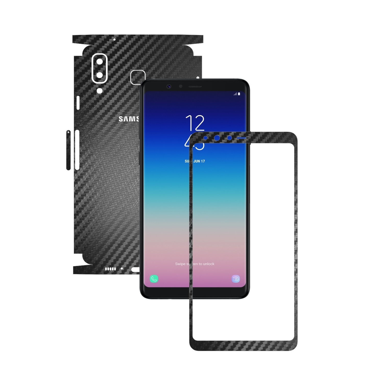 Folie Protectie Carbon Skinz pentru Samsung Galaxy A8 Star - Carbon Negru 360 Cut, Skin Adeziv Full Body Cover pentru Rama Ecran, Carcasa Spate si Laterale