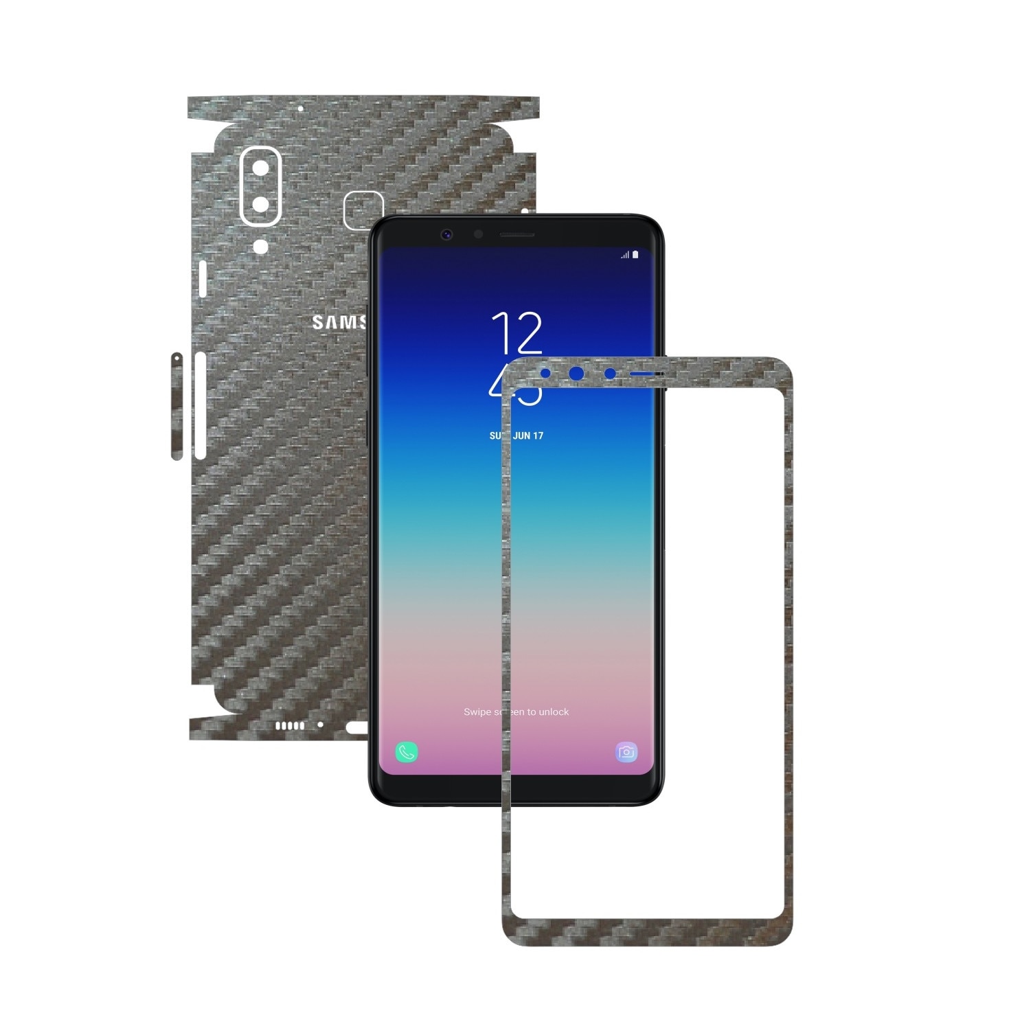 Folie Protectie Carbon Skinz pentru Samsung Galaxy A8 Star - Carbon Gri Argintiu 360 Cut, Skin Adeziv Full Body Cover pentru Rama Ecran, Carcasa Spate si Laterale