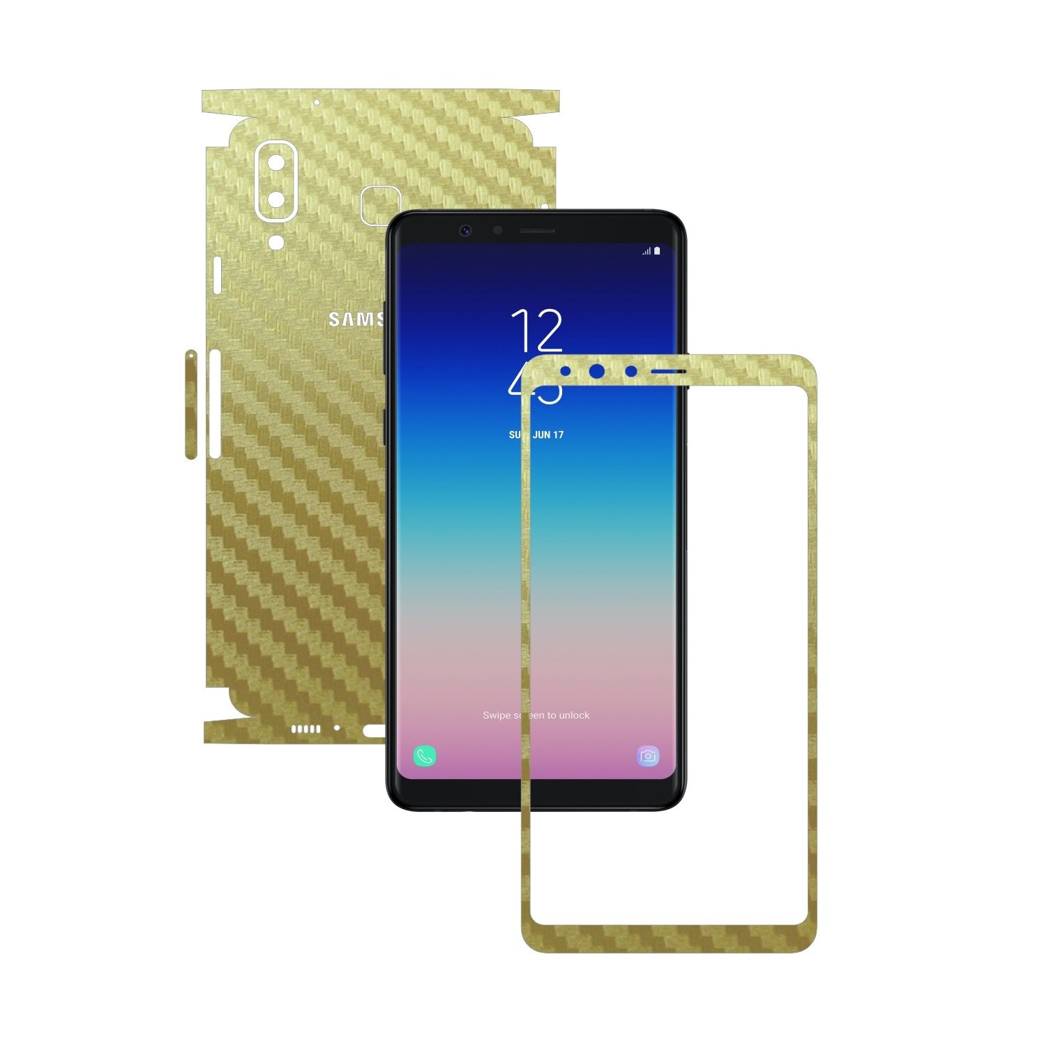 Folie Protectie Carbon Skinz pentru Samsung Galaxy A8 Star - Carbon Auriu 360 Cut, Skin Adeziv Full Body Cover pentru Rama Ecran, Carcasa Spate si Laterale