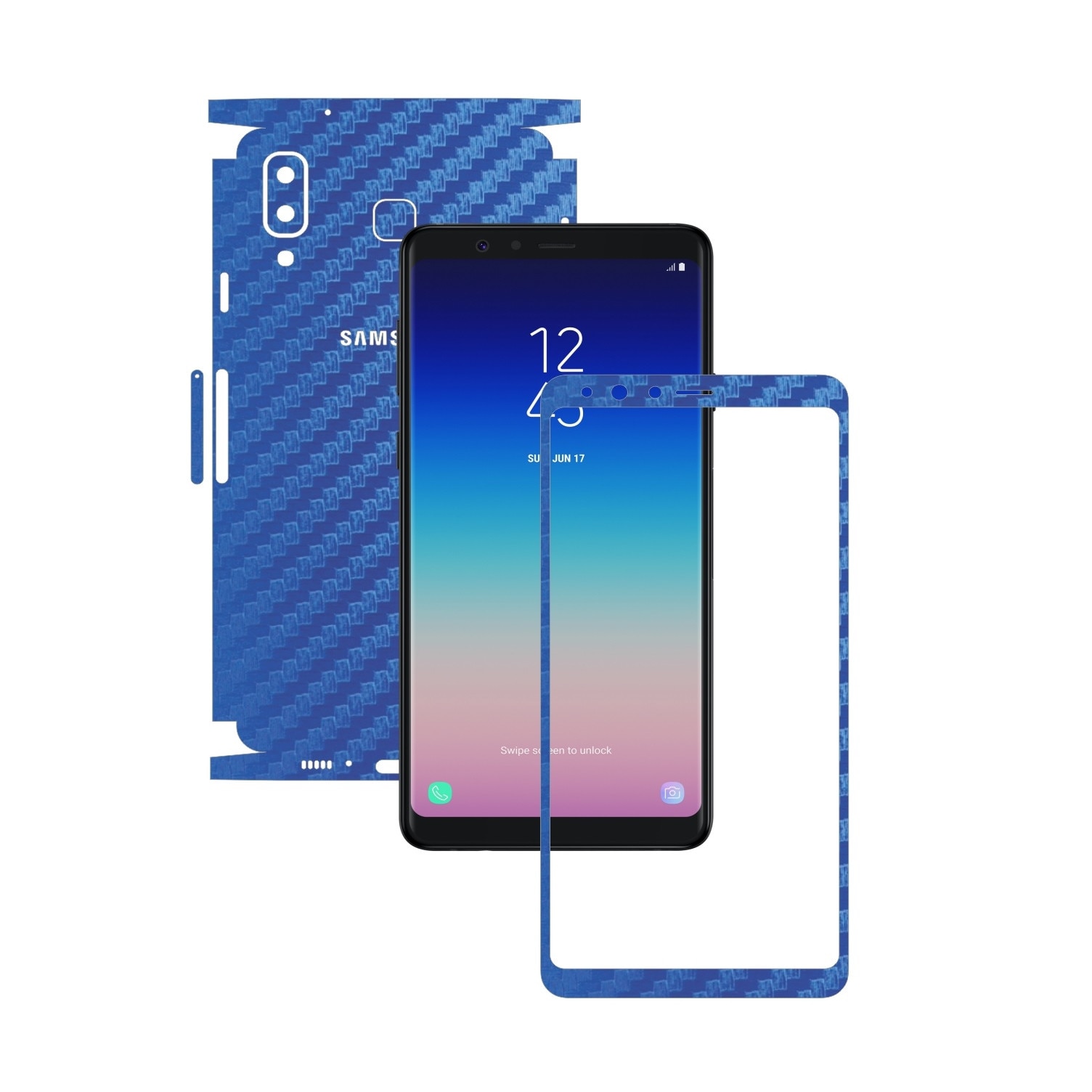 Folie Protectie Carbon Skinz pentru Samsung Galaxy A8 Star - Carbon Albastru 360 Cut, Skin Adeziv Full Body Cover pentru Rama Ecran, Carcasa Spate si Laterale