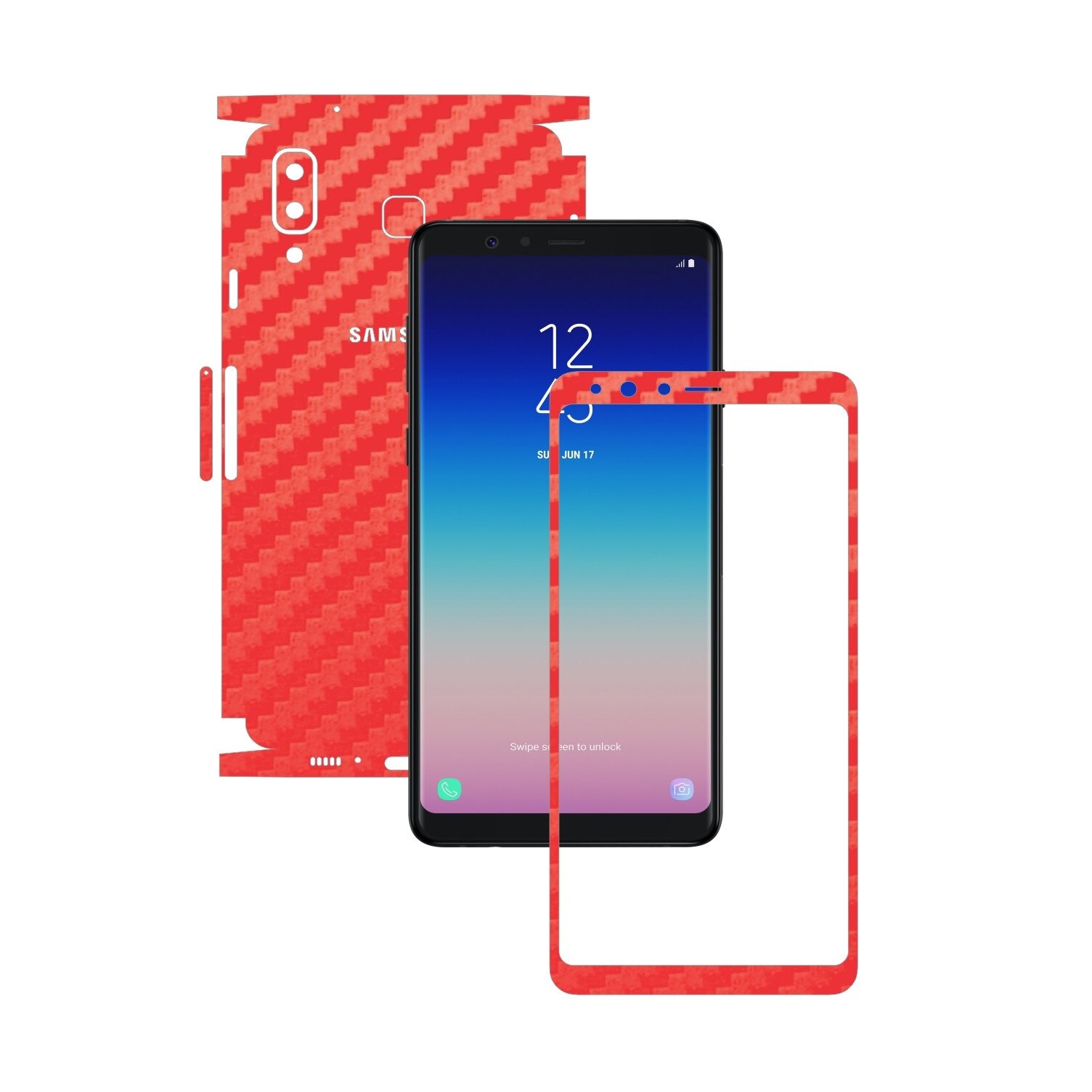 Folie Protectie Carbon Skinz pentru Samsung Galaxy A8 Star - Carbon Rosu 360 Cut, Skin Adeziv Full Body Cover pentru Rama Ecran, Carcasa Spate si Laterale