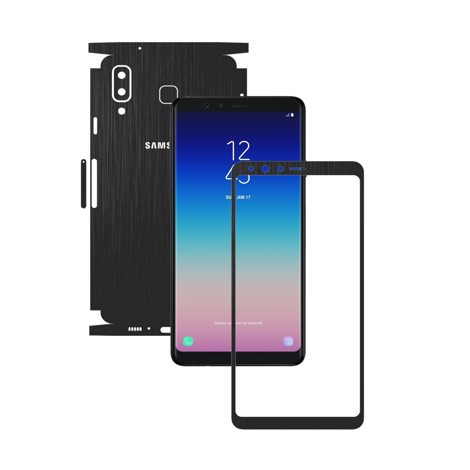 Folie Protectie Carbon Skinz pentru Samsung Galaxy A8 Star - Brushed Negru 360 Cut, Skin Adeziv Full Body Cover pentru Rama Ecran, Carcasa Spate si Laterale