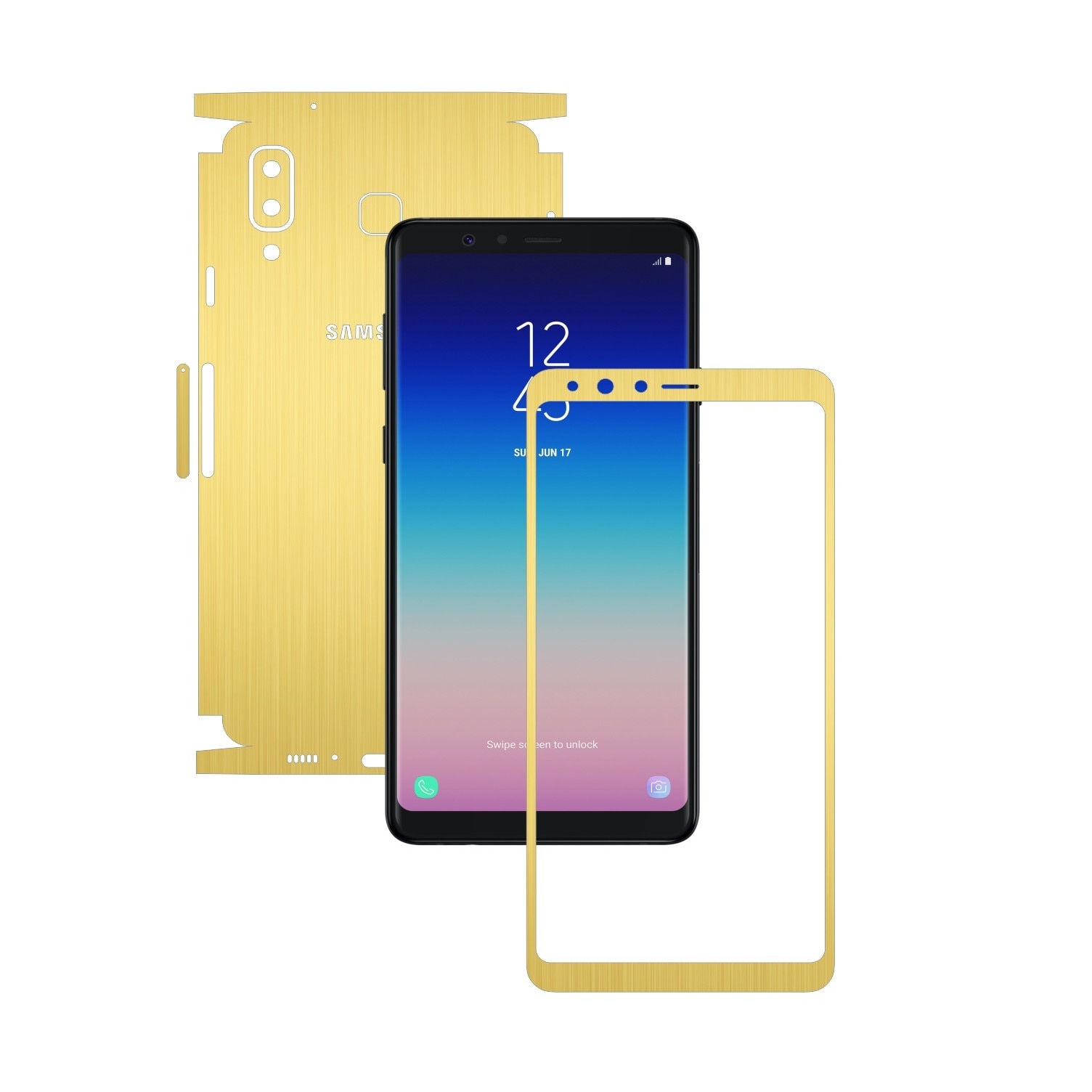 Folie Protectie Carbon Skinz pentru Samsung Galaxy A8 Star - Brushed Auriu 360 Cut, Skin Adeziv Full Body Cover pentru Rama Ecran, Carcasa Spate si Laterale