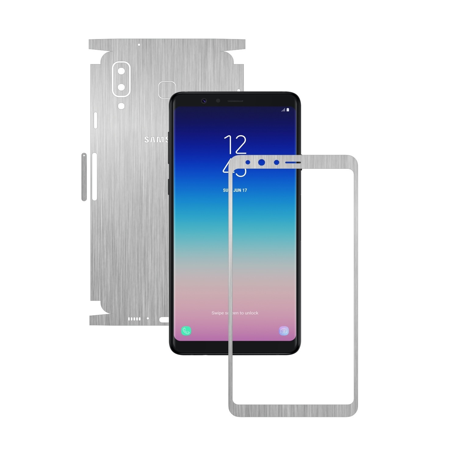 Folie Protectie Carbon Skinz pentru Samsung Galaxy A8 Star - Brushed Argintiu 360 Cut, Skin Adeziv Full Body Cover pentru Rama Ecran, Carcasa Spate si Laterale