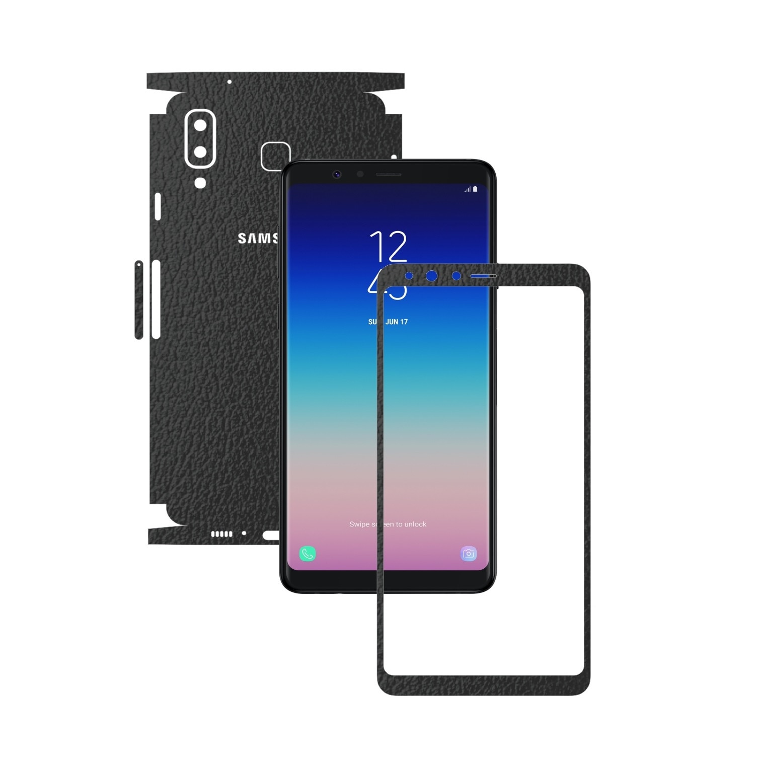 Folie Protectie Carbon Skinz pentru Samsung Galaxy A8 Star - Piele Neagra 360 Cut, Skin Adeziv Full Body Cover pentru Rama Ecran, Carcasa Spate si Laterale