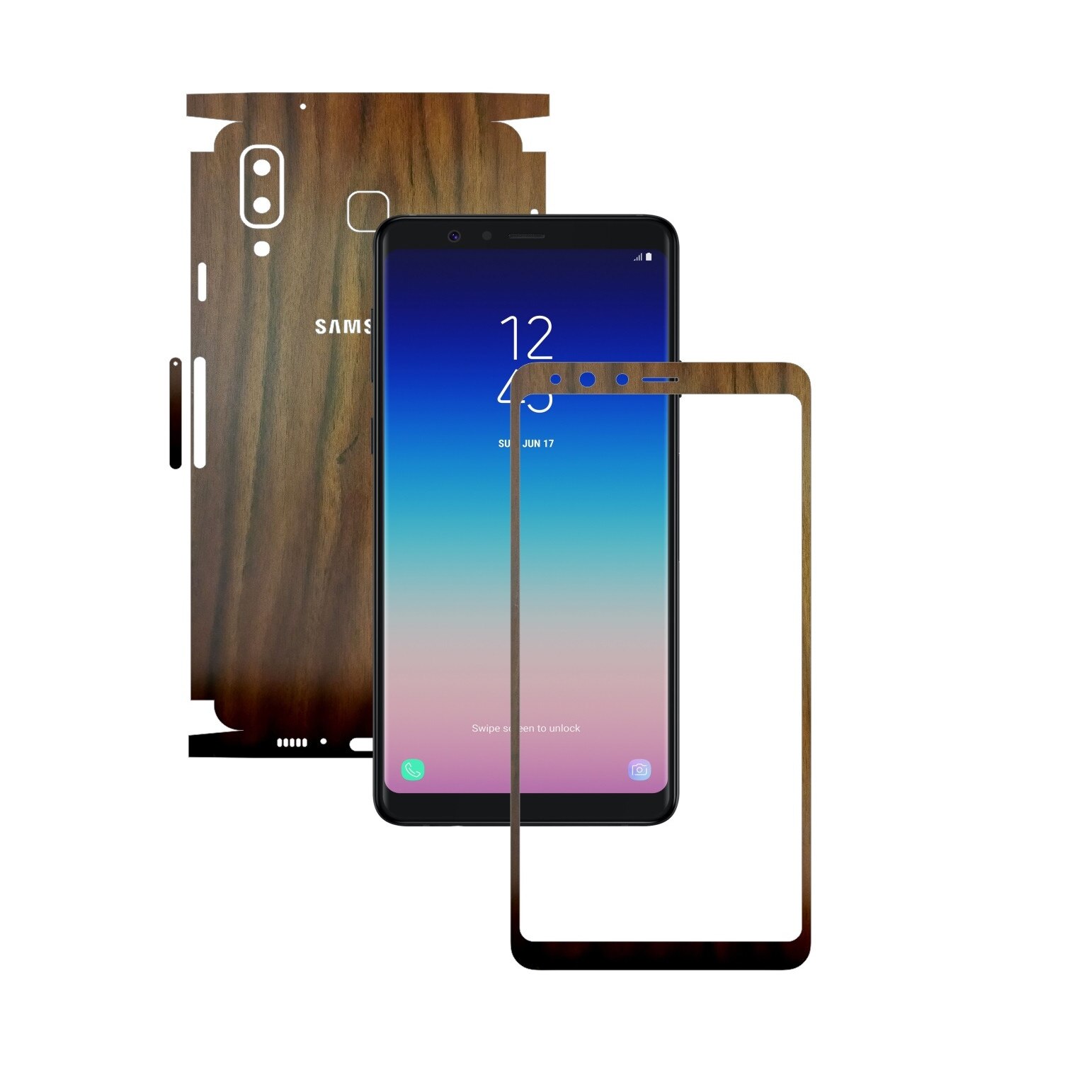 Folie Protectie Carbon Skinz pentru Samsung Galaxy A8 Star - Lemn Nuc 360 Cut, Skin Adeziv Full Body Cover pentru Rama Ecran, Carcasa Spate si Laterale