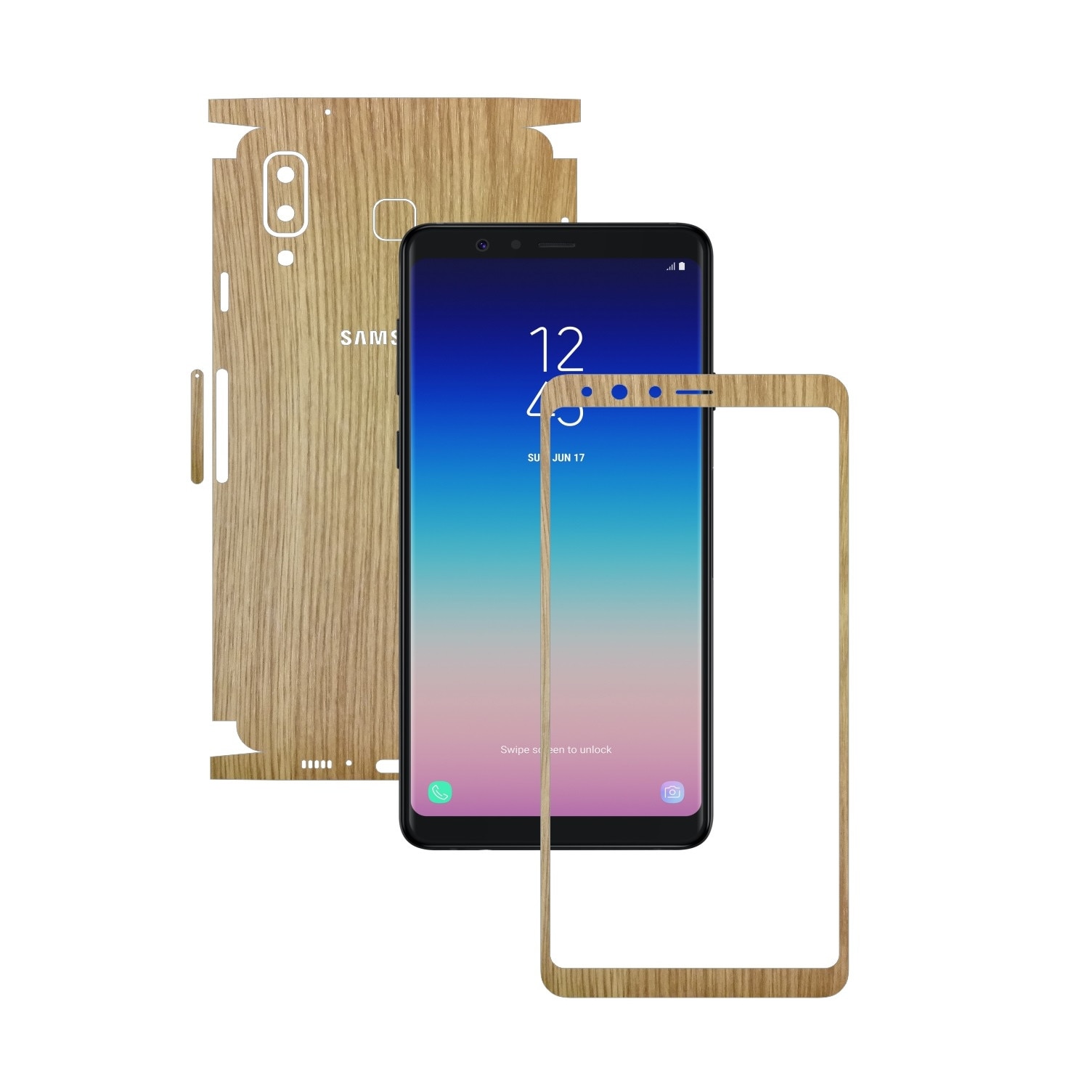 Folie Protectie Carbon Skinz pentru Samsung Galaxy A8 Star - Lemn Stejar 360 Cut, Skin Adeziv Full Body Cover pentru Rama Ecran, Carcasa Spate si Laterale