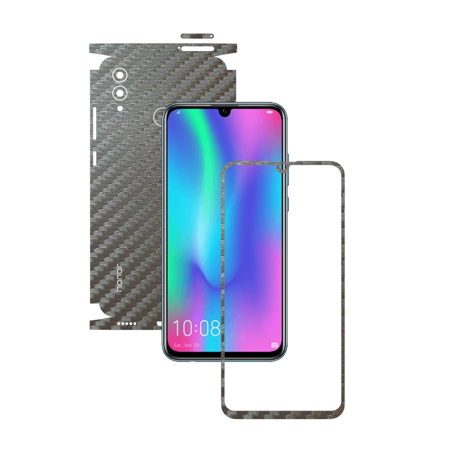 Folie Protectie Carbon Skinz pentru Huawei Honor 10 Lite - Carbon Gri Argintiu 360 Cut, Skin Adeziv Full Body Cover pentru Rama Ecran, Carcasa Spate si Laterale