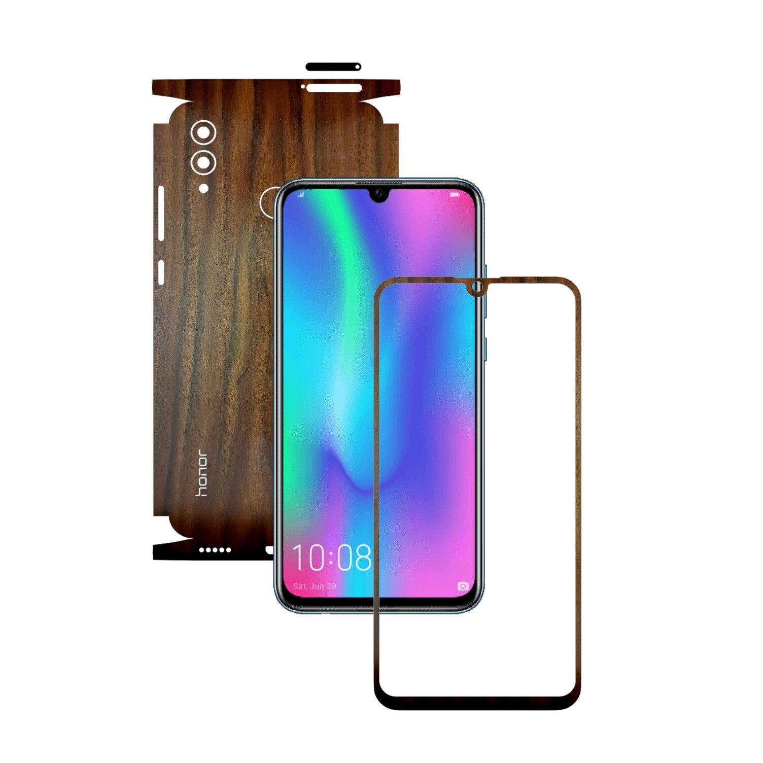 Folie Protectie Carbon Skinz pentru Huawei Honor 10 Lite - Lemn Nuc 360 Cut, Skin Adeziv Full Body Cover pentru Rama Ecran, Carcasa Spate si Laterale