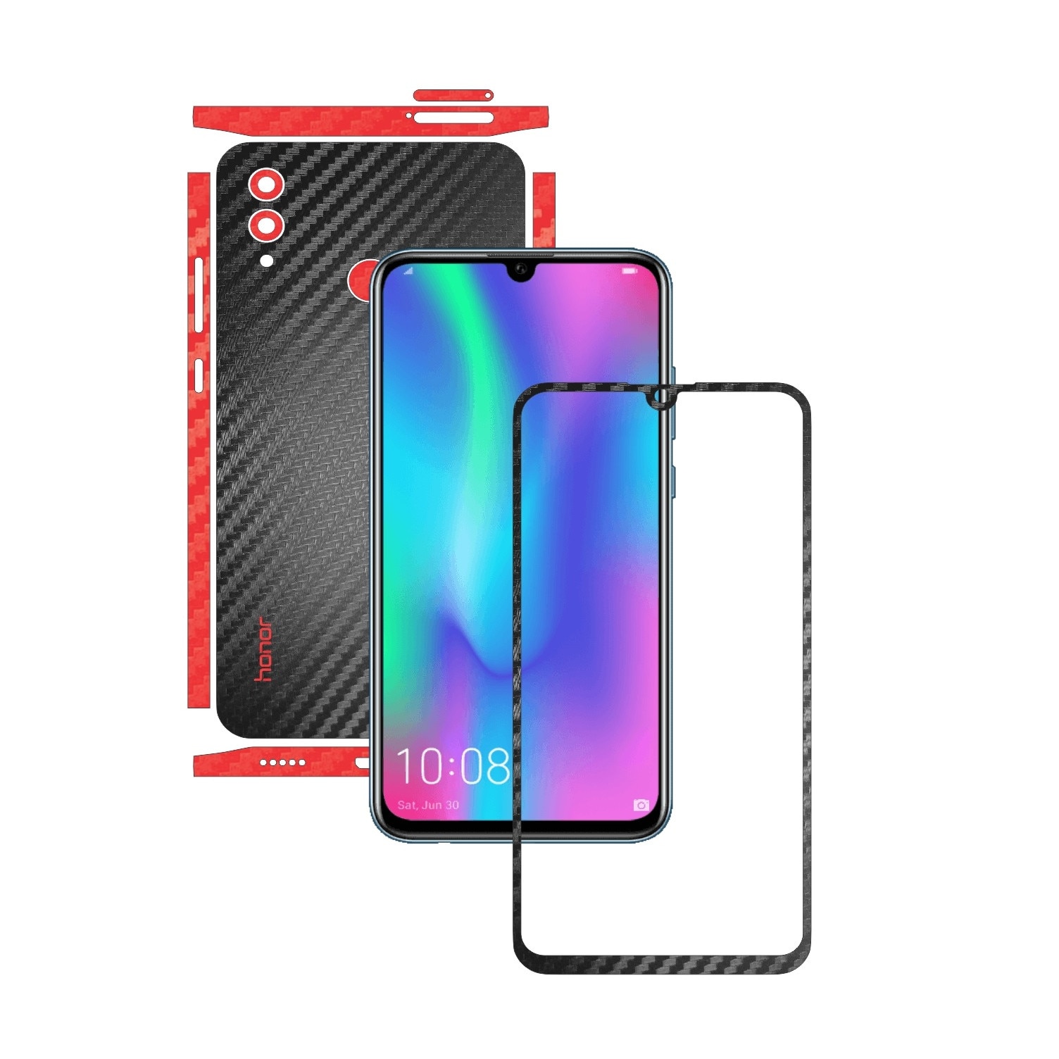 Folie Protectie Carbon Skinz pentru Huawei Honor 10 Lite - Carbon Two Tone Negru / Rosu, Skin Adeziv Full Body Cover pentru Rama Ecran, Carcasa Spate si Laterale
