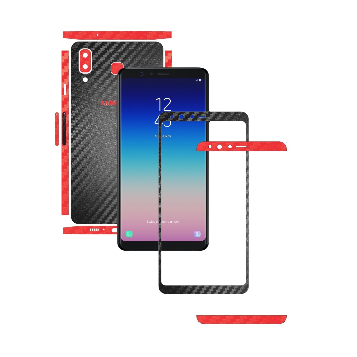Folie Protectie Carbon Skinz pentru Samsung Galaxy A8 Star - Carbon Two Tone Negru / Rosu, Skin Adeziv Full Body Cover pentru Rama Ecran, Carcasa Spate si Laterale