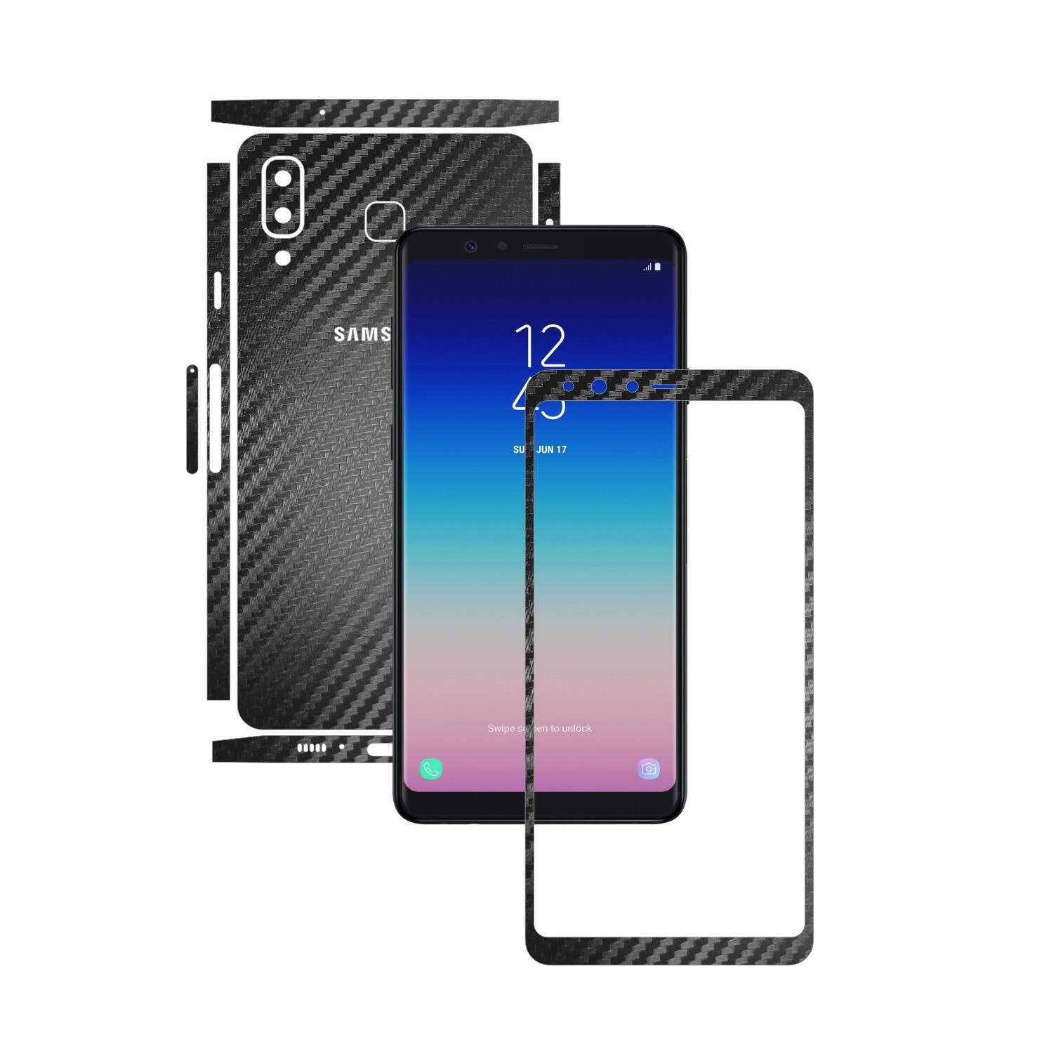 Folie Protectie Carbon Skinz pentru Samsung Galaxy A8 Star - Carbon Negru Split Cut, Skin Adeziv Full Body Cover pentru Rama Ecran, Carcasa Spate si Laterale