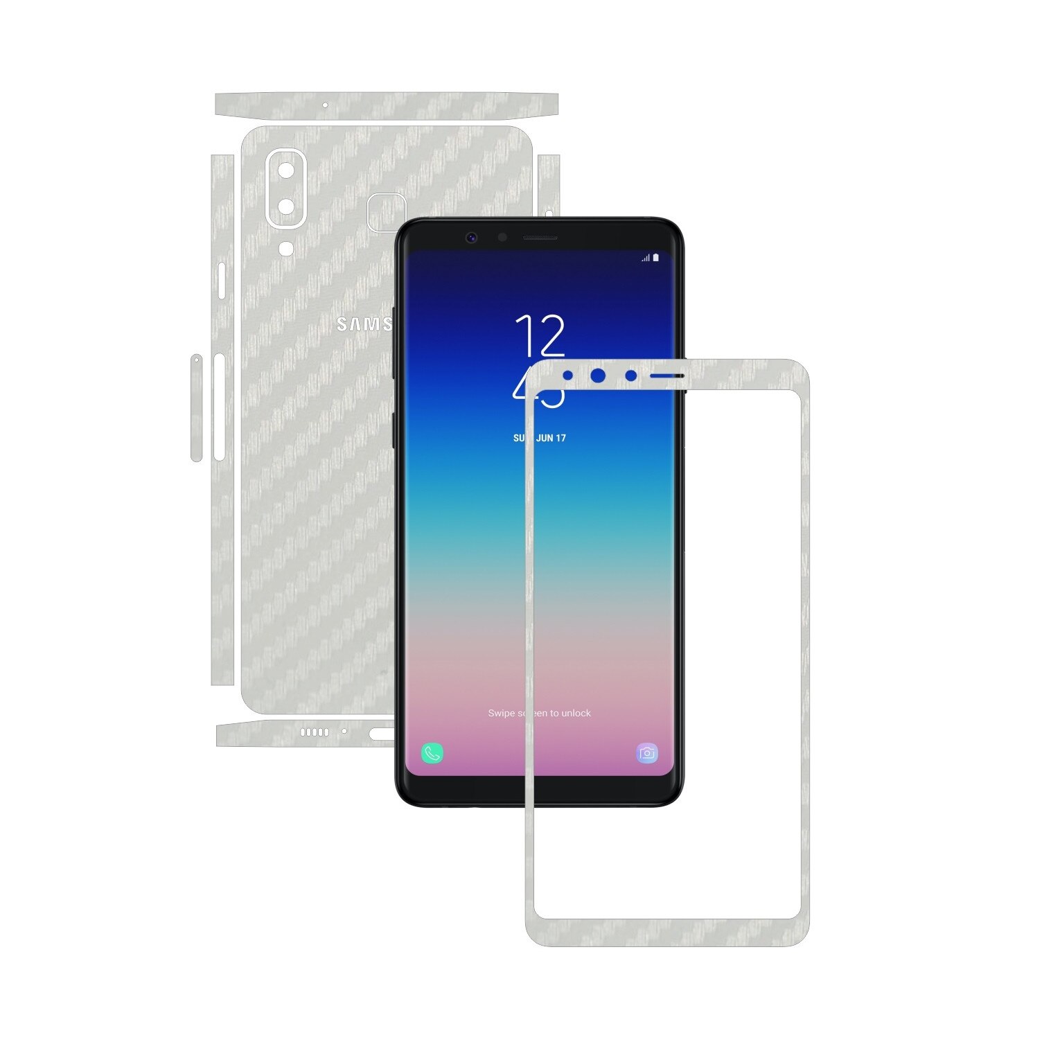 Folie Protectie Carbon Skinz pentru Samsung Galaxy A8 Star - Carbon Alb Split Cut, Skin Adeziv Full Body Cover pentru Rama Ecran, Carcasa Spate si Laterale