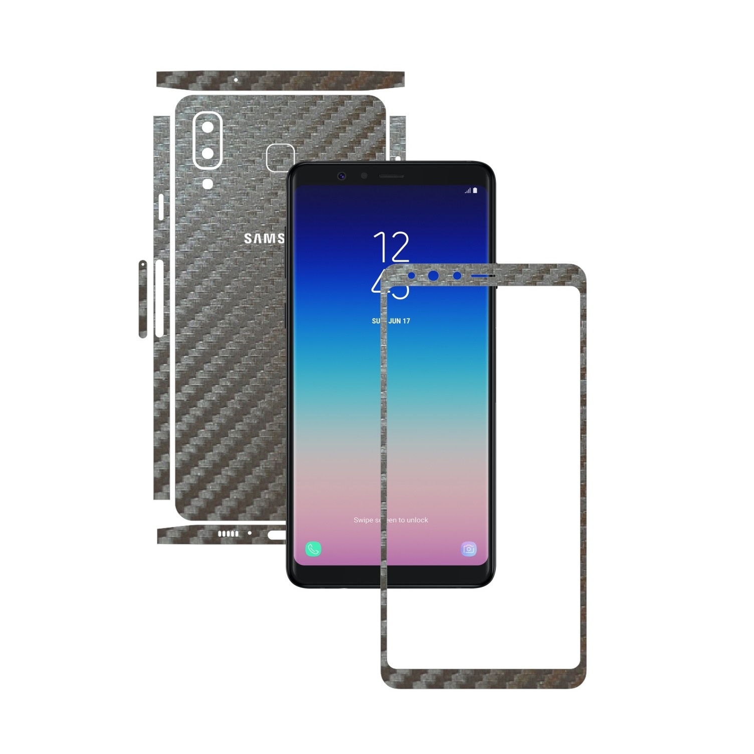 Folie Protectie Carbon Skinz pentru Samsung Galaxy A8 Star - Carbon Gri Argintiu Split Cut, Skin Adeziv Full Body Cover pentru Rama Ecran, Carcasa Spate si Laterale