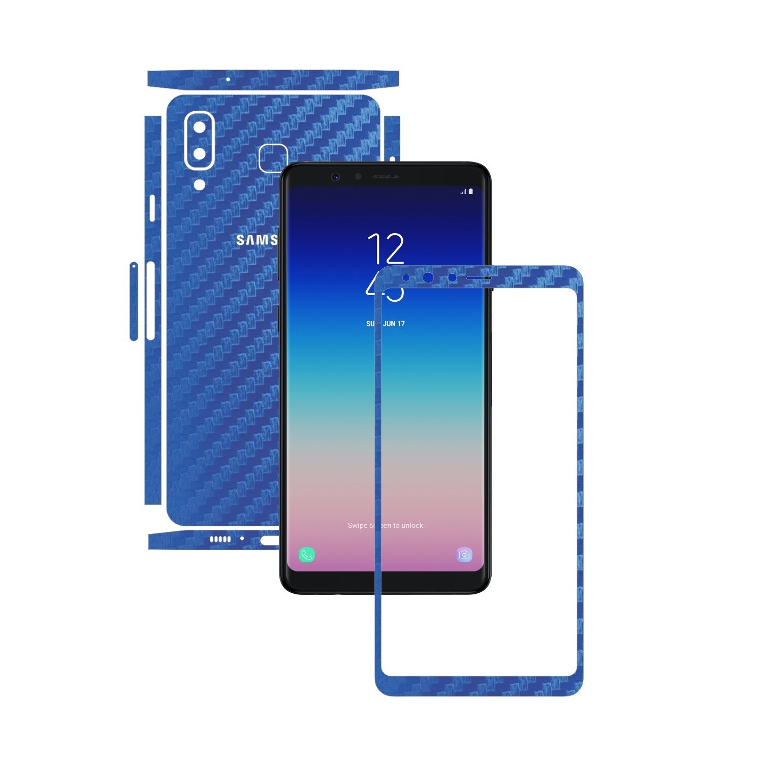 Folie Protectie Carbon Skinz pentru Samsung Galaxy A8 Star - Carbon Albastru Split Cut, Skin Adeziv Full Body Cover pentru Rama Ecran, Carcasa Spate si Laterale