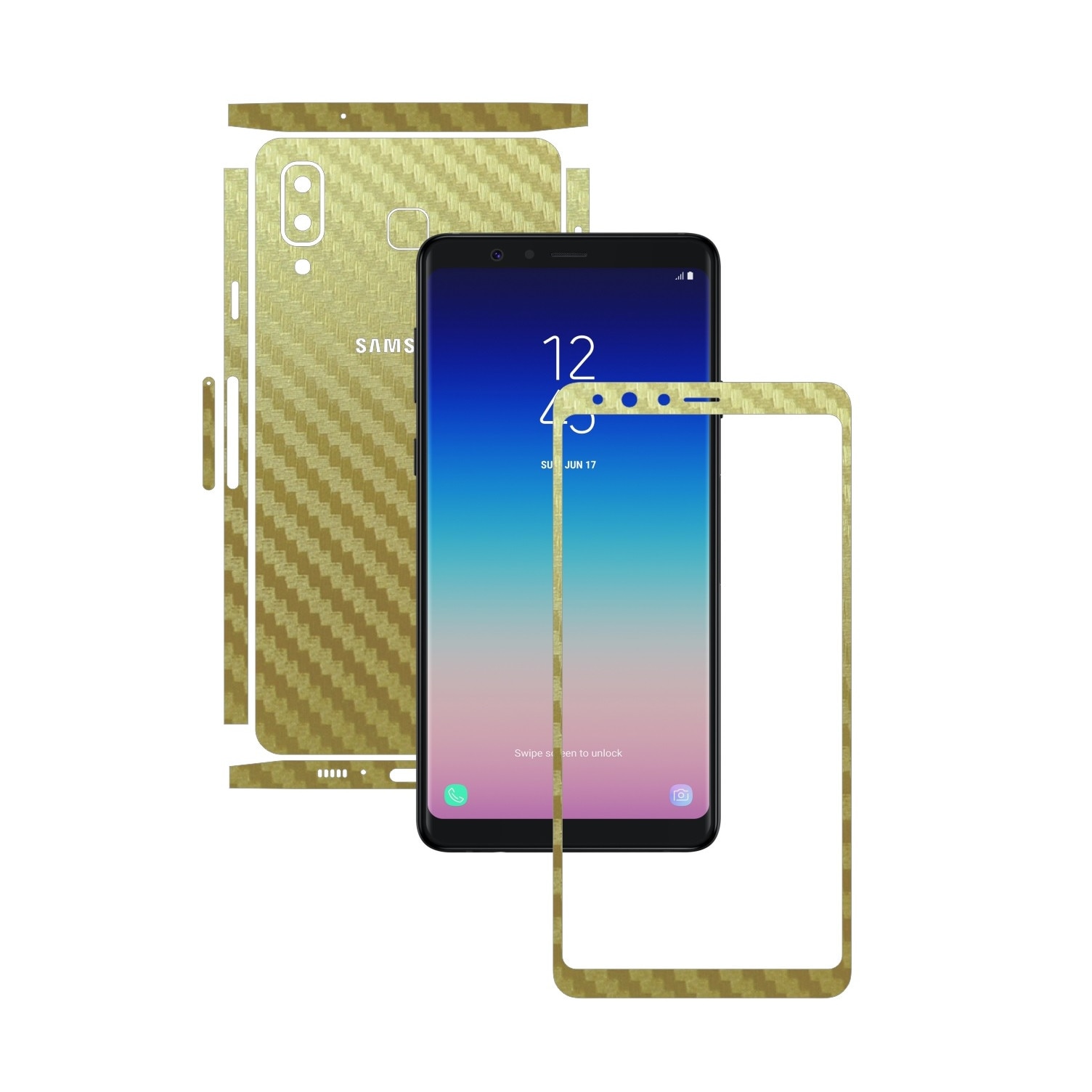 Folie Protectie Carbon Skinz pentru Samsung Galaxy A8 Star - Carbon Auriu Split Cut, Skin Adeziv Full Body Cover pentru Rama Ecran, Carcasa Spate si Laterale