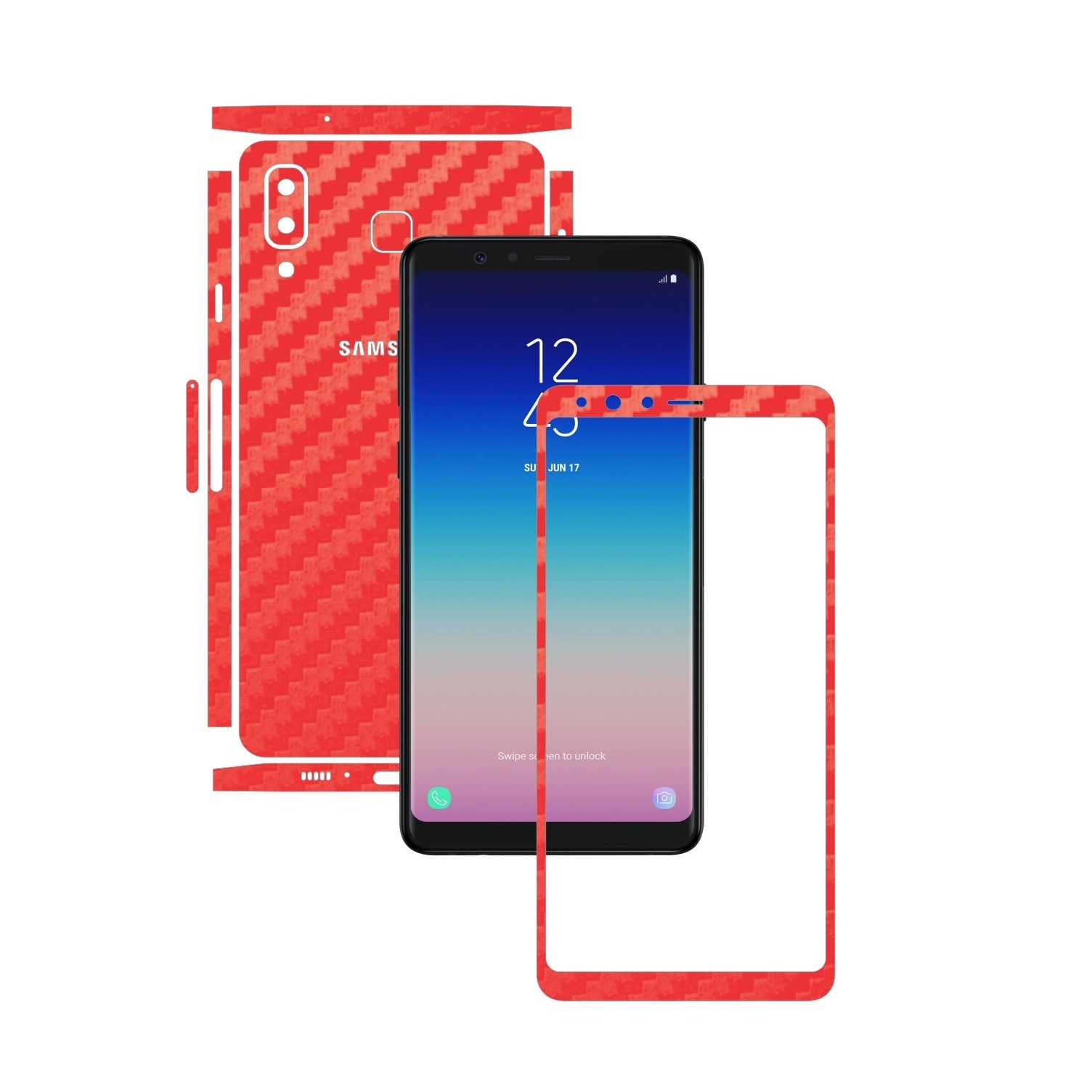 Folie Protectie Carbon Skinz pentru Samsung Galaxy A8 Star - Carbon Rosu Split Cut, Skin Adeziv Full Body Cover pentru Rama Ecran, Carcasa Spate si Laterale
