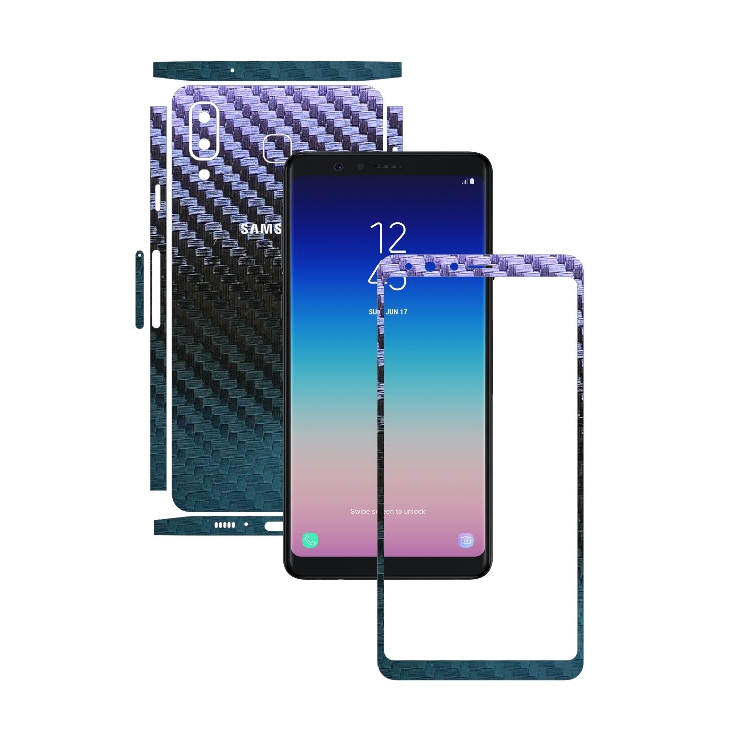 Folie Protectie Carbon Skinz pentru Samsung Galaxy A8 Star - Carbon Cameleon Split Cut, Skin Adeziv Full Body Cover pentru Rama Ecran, Carcasa Spate si Laterale