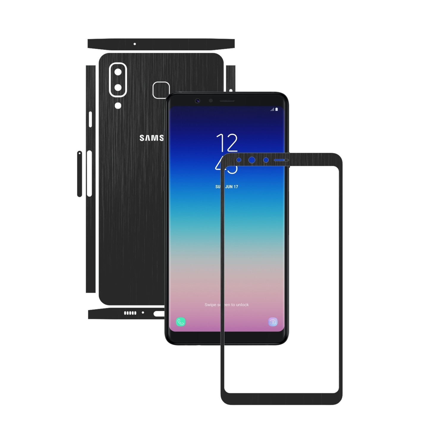 Folie Protectie Carbon Skinz pentru Samsung Galaxy A8 Star - Brushed Negru Split Cut, Skin Adeziv Full Body Cover pentru Rama Ecran, Carcasa Spate si Laterale