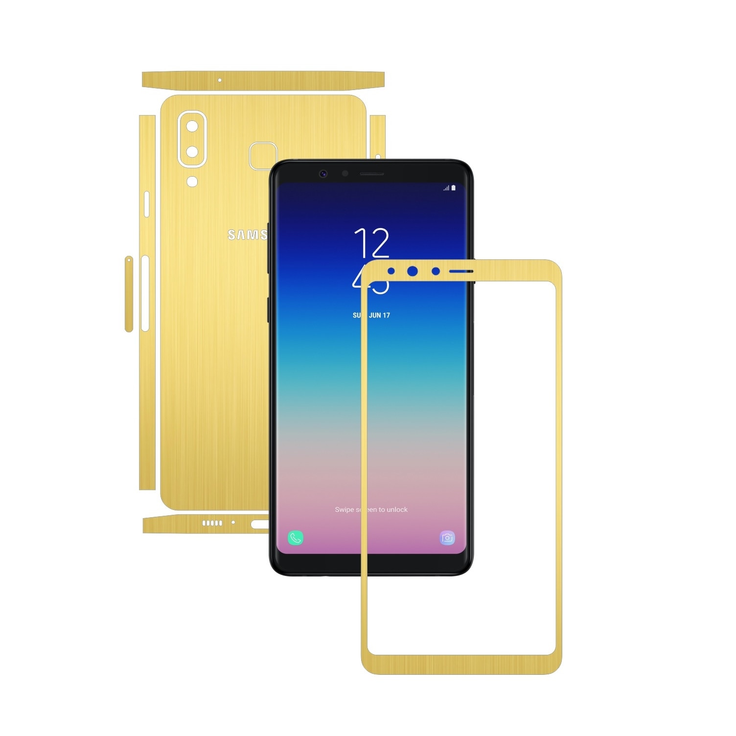 Folie Protectie Carbon Skinz pentru Samsung Galaxy A8 Star - Brushed Auriu Split Cut, Skin Adeziv Full Body Cover pentru Rama Ecran, Carcasa Spate si Laterale