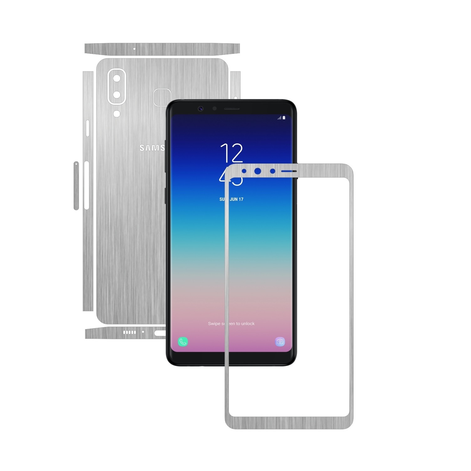 Folie Protectie Carbon Skinz pentru Samsung Galaxy A8 Star - Brushed Argintiu Split Cut, Skin Adeziv Full Body Cover pentru Rama Ecran, Carcasa Spate si Laterale