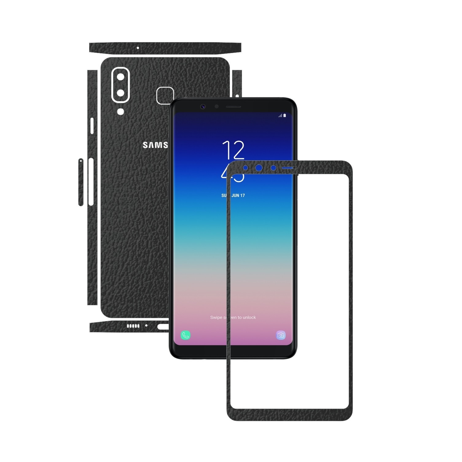 Folie Protectie Carbon Skinz pentru Samsung Galaxy A8 Star - Piele Neagra Split Cut, Skin Adeziv Full Body Cover pentru Rama Ecran, Carcasa Spate si Laterale