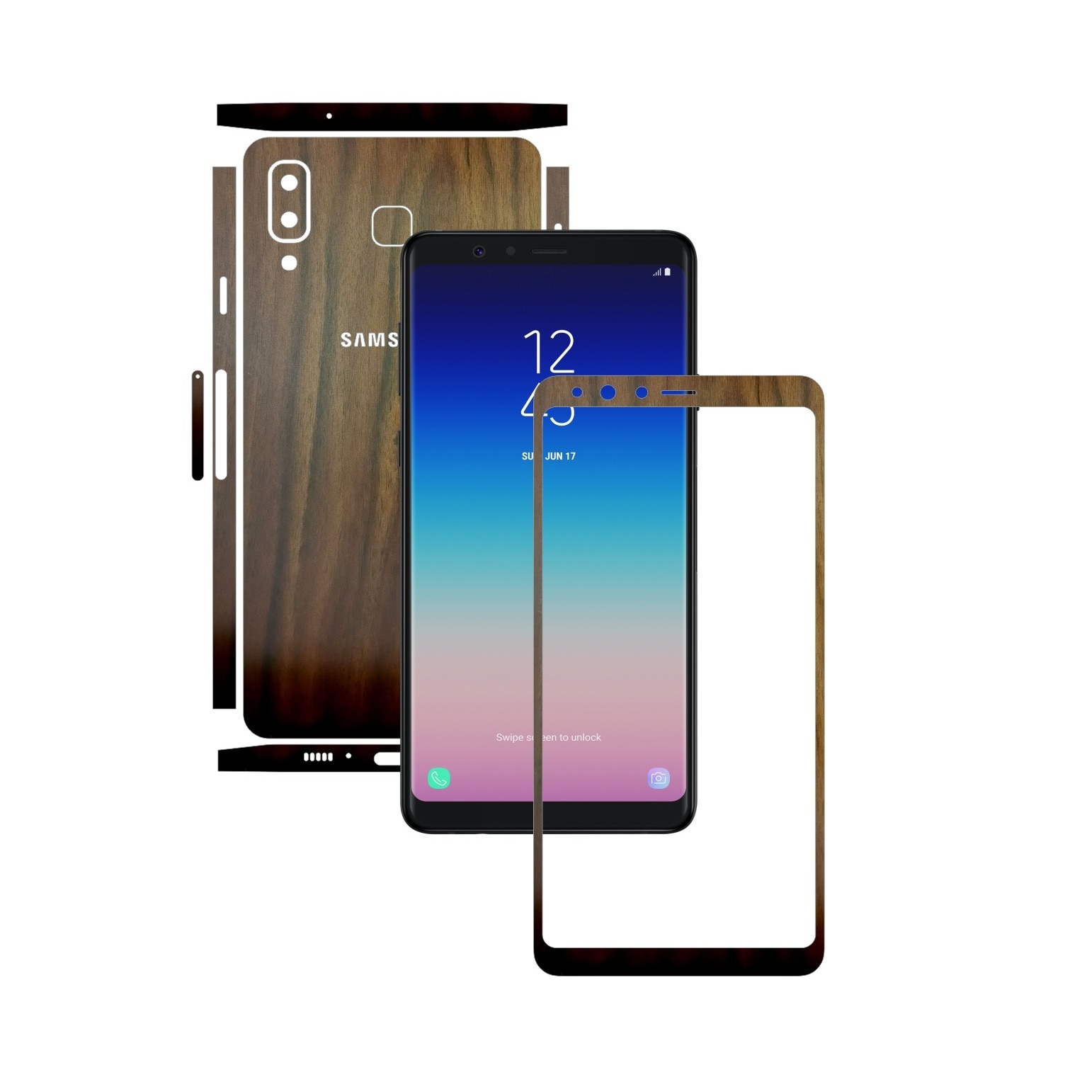 Folie Protectie Carbon Skinz pentru Samsung Galaxy A8 Star - Lemn Nuc Split Cut, Skin Adeziv Full Body Cover pentru Rama Ecran, Carcasa Spate si Laterale