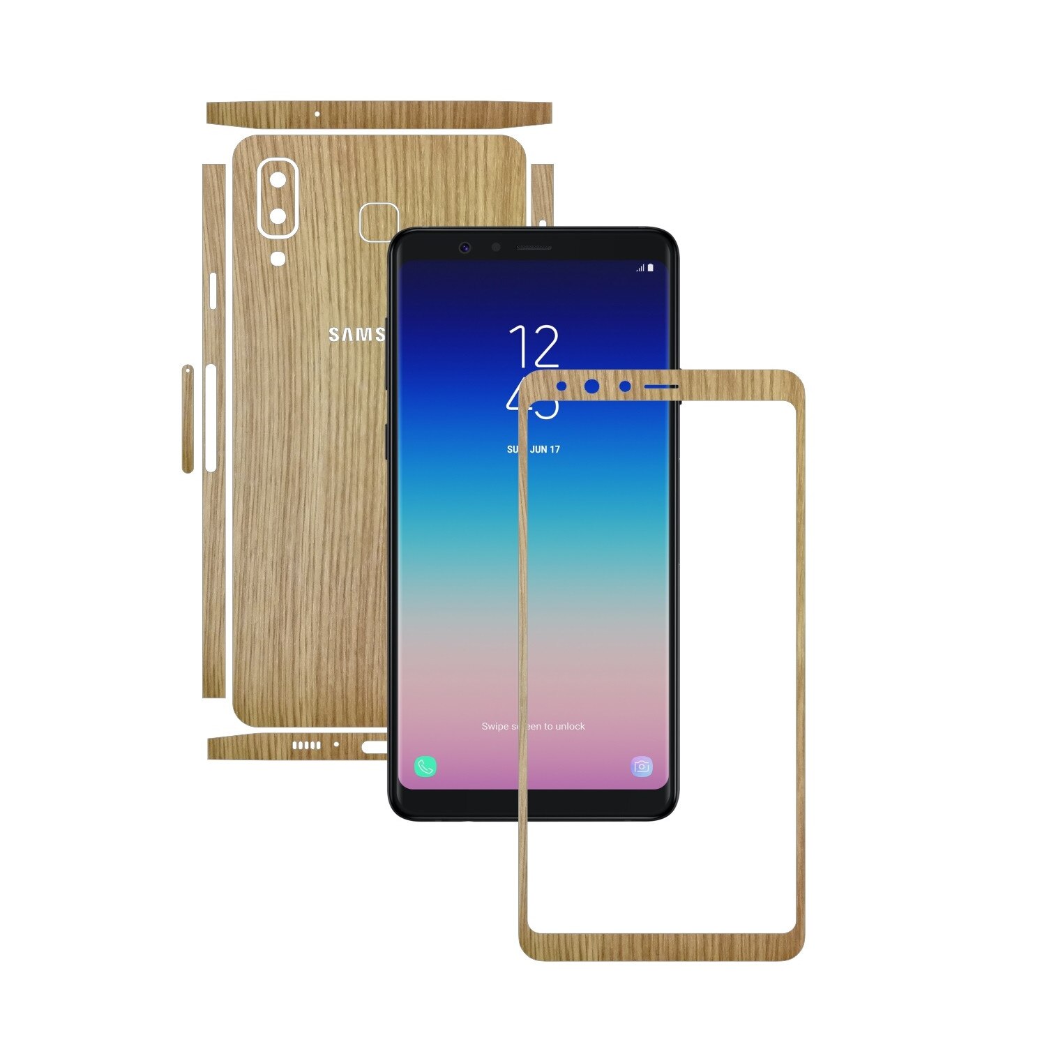 Folie Protectie Carbon Skinz pentru Samsung Galaxy A8 Star - Lemn Stejar Split Cut, Skin Adeziv Full Body Cover pentru Rama Ecran, Carcasa Spate si Laterale