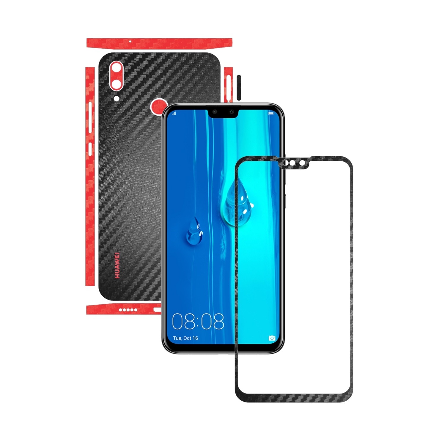 Folie Protectie Carbon Skinz pentru Huawei Y9 (2019) - Carbon Two Tone Negru / Rosu, Skin Adeziv Full Body Cover pentru Rama Ecran, Carcasa Spate si Laterale
