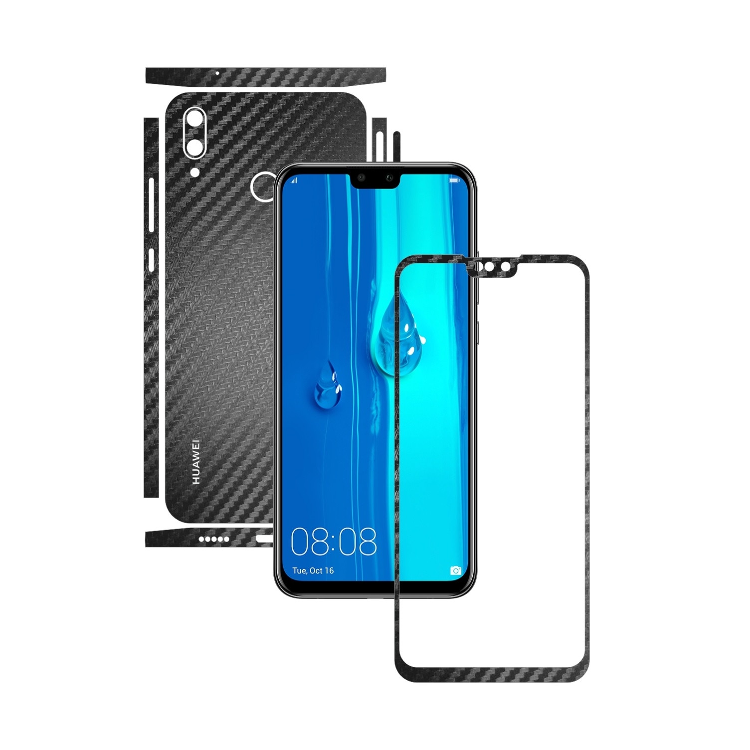 Folie Protectie Carbon Skinz pentru Huawei Y9 (2019) - Carbon Negru Split Cut, Skin Adeziv Full Body Cover pentru Rama Ecran, Carcasa Spate si Laterale
