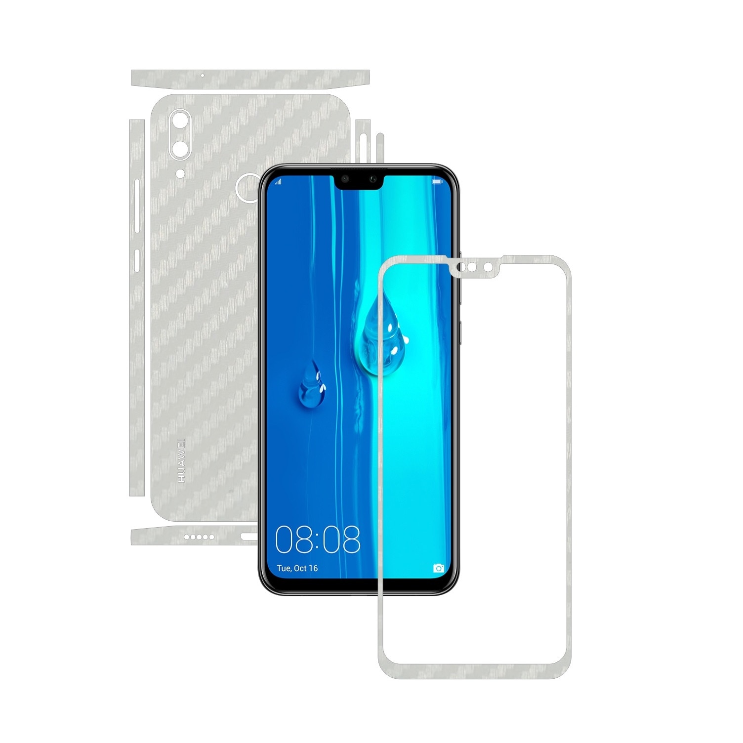 Folie Protectie Carbon Skinz pentru Huawei Y9 (2019) - Carbon Alb Split Cut, Skin Adeziv Full Body Cover pentru Rama Ecran, Carcasa Spate si Laterale