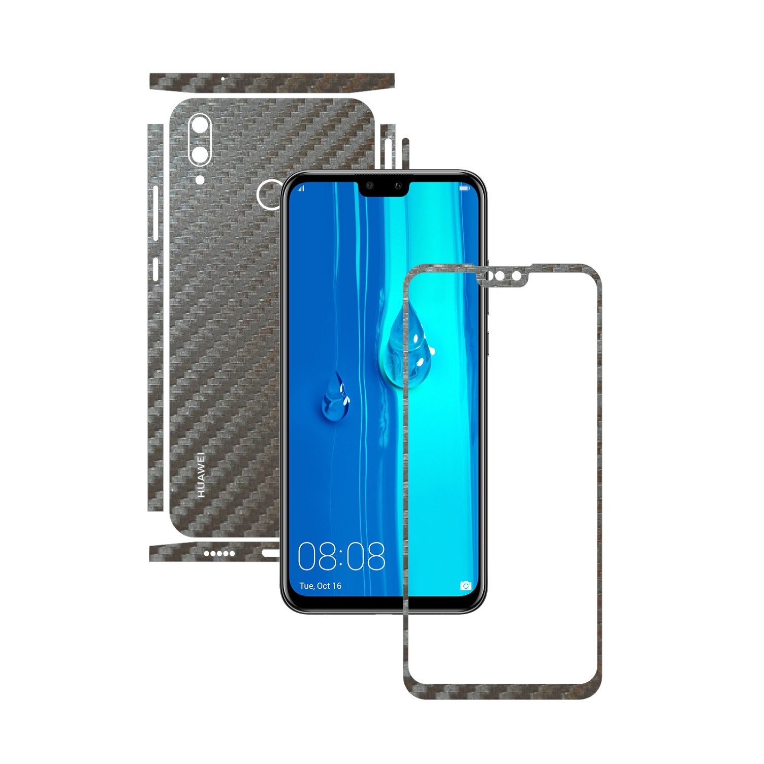 Folie Protectie Carbon Skinz pentru Huawei Y9 (2019) - Carbon Gri Argintiu Split Cut, Skin Adeziv Full Body Cover pentru Rama Ecran, Carcasa Spate si Laterale