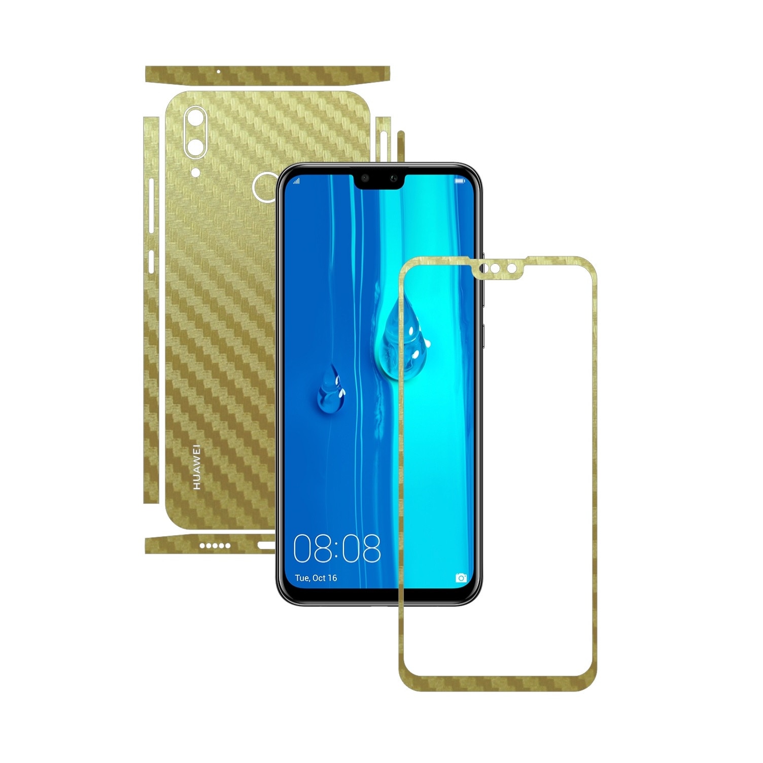 Folie Protectie Carbon Skinz pentru Huawei Y9 (2019) - Carbon Auriu Split Cut, Skin Adeziv Full Body Cover pentru Rama Ecran, Carcasa Spate si Laterale