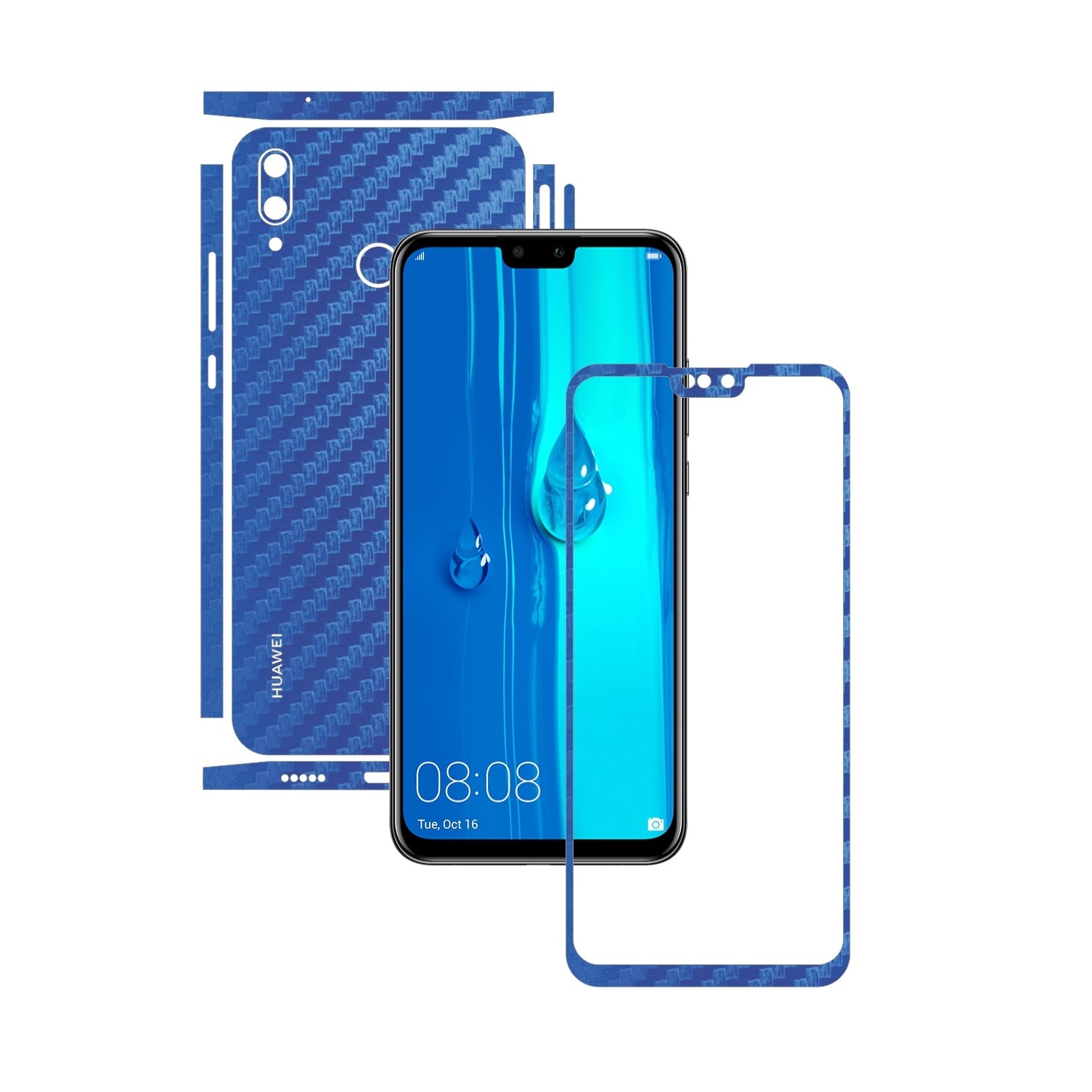 Folie Protectie Carbon Skinz pentru Huawei Y9 (2019) - Carbon Albastru Split Cut, Skin Adeziv Full Body Cover pentru Rama Ecran, Carcasa Spate si Laterale