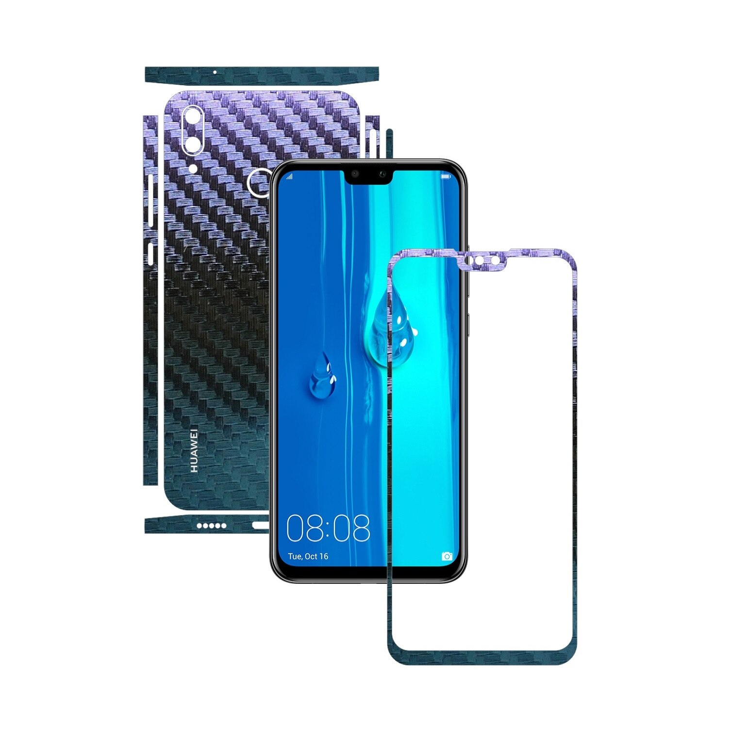 Folie Protectie Carbon Skinz pentru Huawei Y9 (2019) - Carbon Cameleon Split Cut, Skin Adeziv Full Body Cover pentru Rama Ecran, Carcasa Spate si Laterale