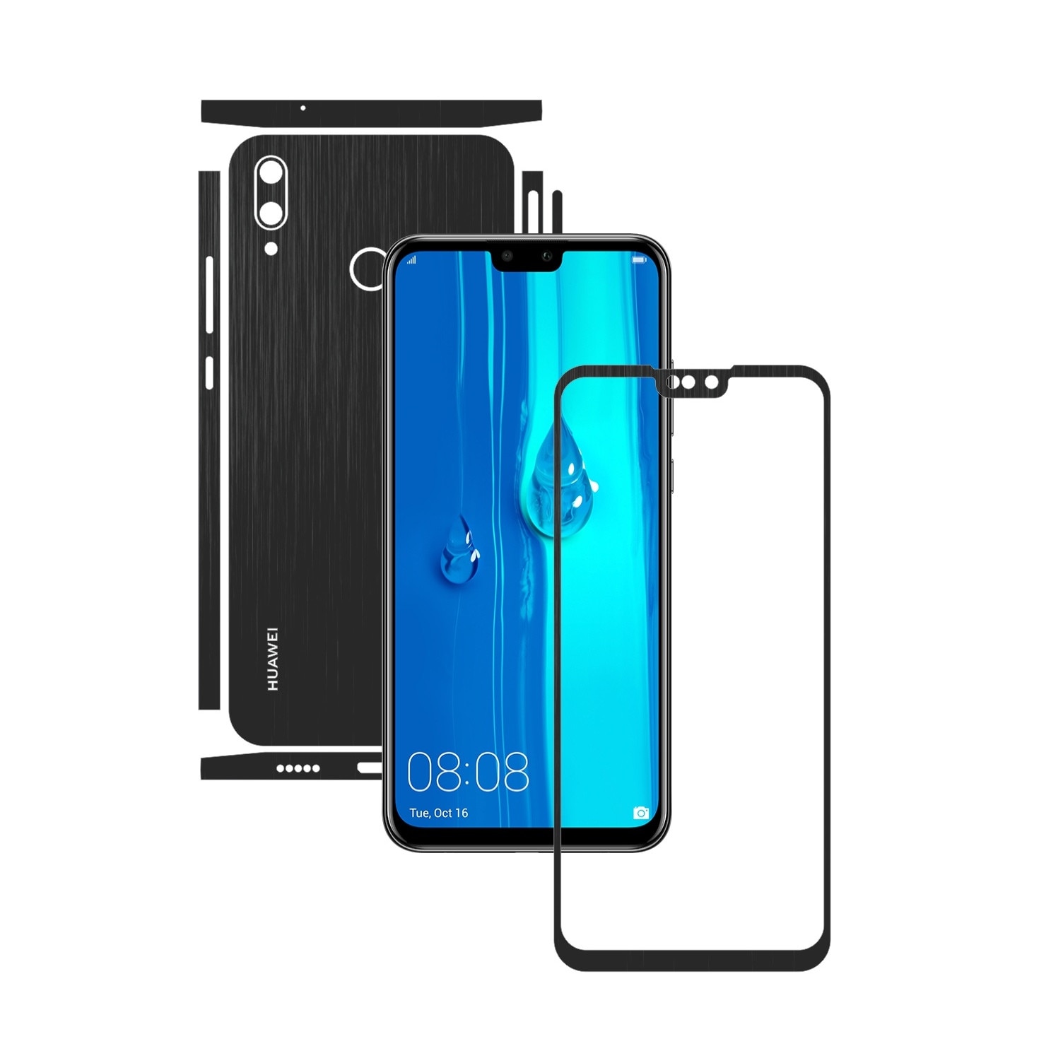Folie Protectie Carbon Skinz pentru Huawei Y9 (2019) - Brushed Negru Split Cut, Skin Adeziv Full Body Cover pentru Rama Ecran, Carcasa Spate si Laterale