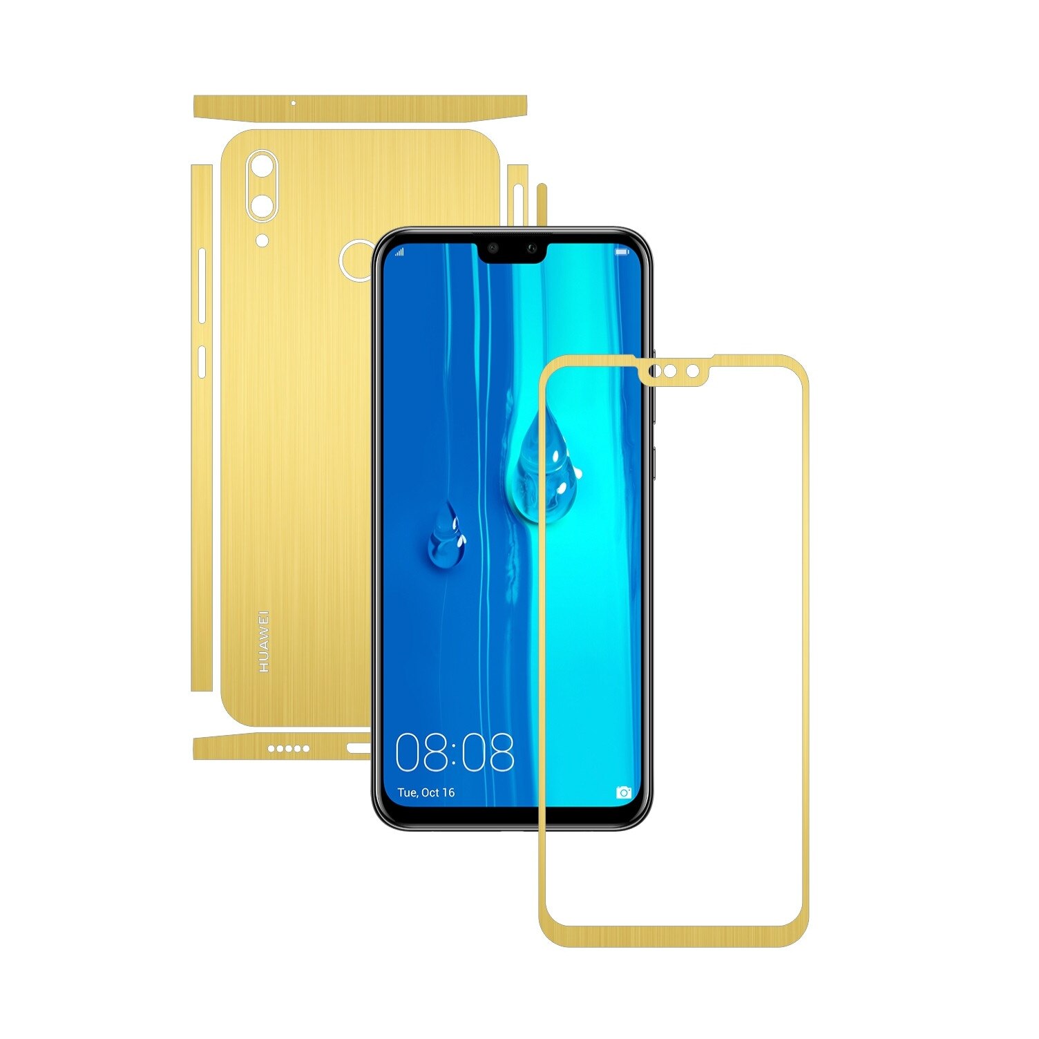 Folie Protectie Carbon Skinz pentru Huawei Y9 (2019) - Brushed Auriu Split Cut, Skin Adeziv Full Body Cover pentru Rama Ecran, Carcasa Spate si Laterale